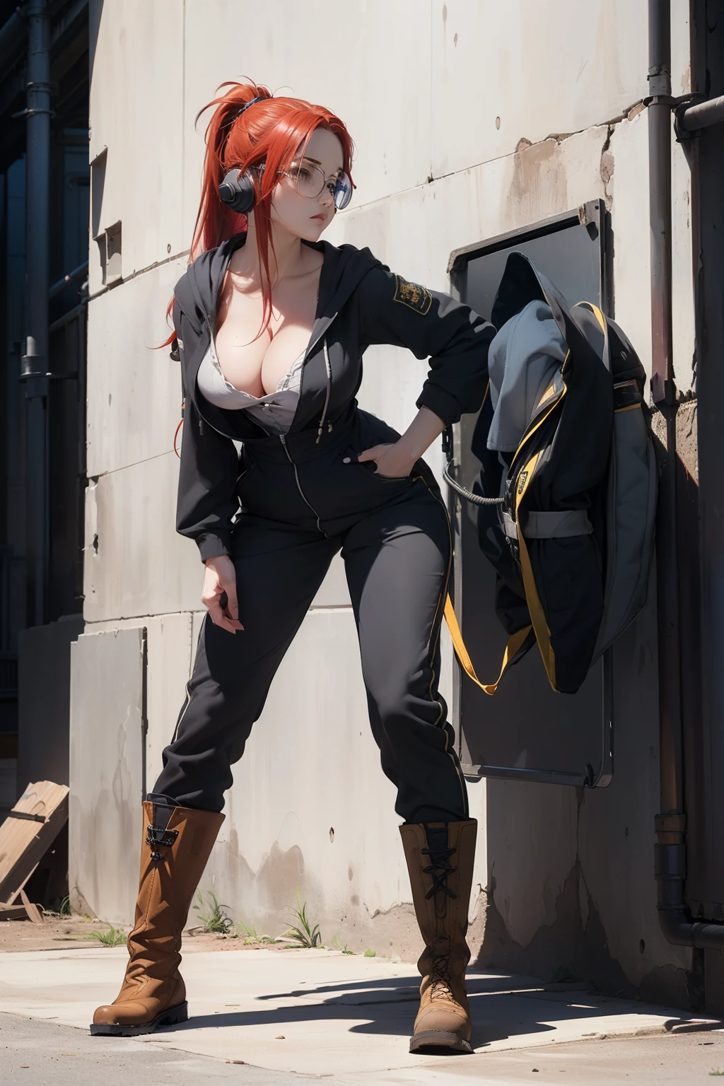 ((masterpiece, best quality, cinematic, photorealistic, ultra-detailed)), ((wide shot, front view, full body view:1.5)), ((perfect anatomy, perfect eyes, perfect hands, large cleavage, round legs, round ass:1.2)), ((female mechanic)), ((a durable charcoal gray jumpsuit with a detachable hood, adjustable waist, embroidered patches, and additional leg pockets for tools)), ((steel-toed work boots, safety glasses, and ear protection)), ((red hair, shoulder-length hair pulled back into a neat ponytail under the hood)), ((sensual pose)), ((dynamic background, leaning at the wall))