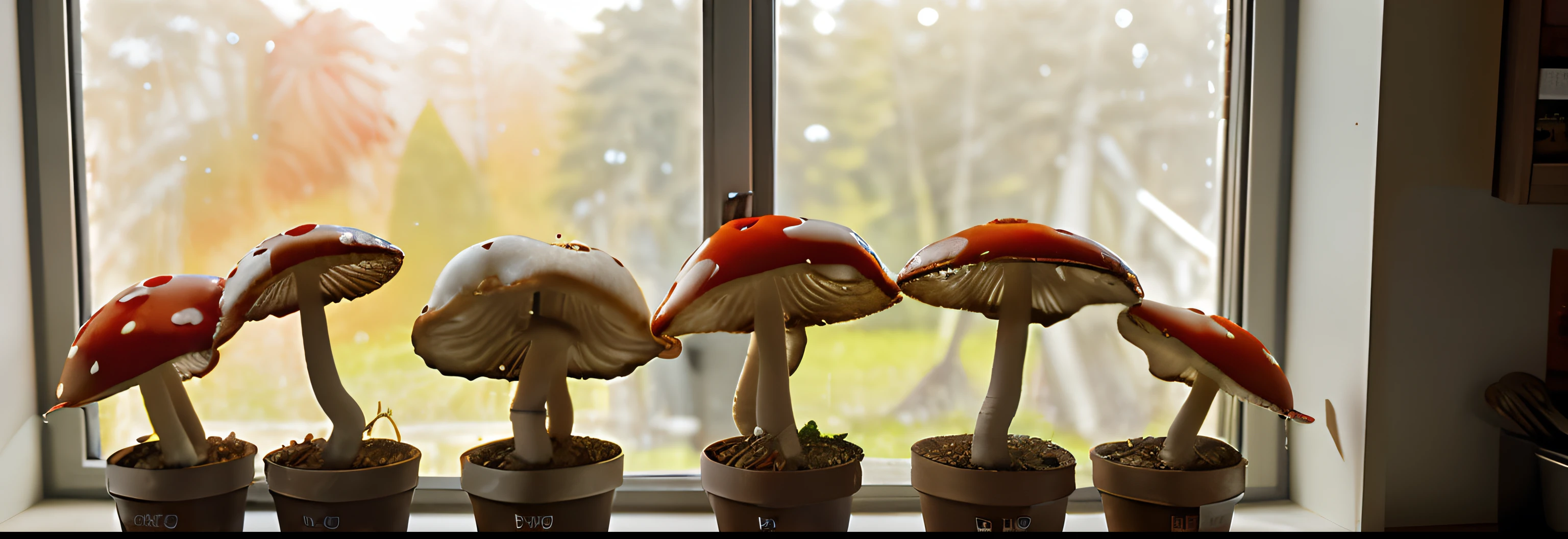 Red fly agaric mushrooms grow in pots in the kitchen near the window