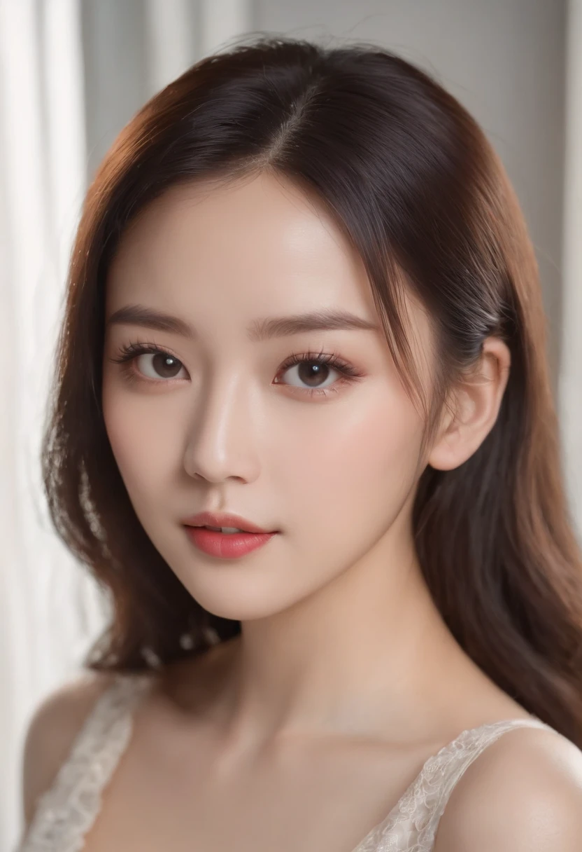 Chinese women completely , Sexy girl with black eyes, Ultra photo realsisim, detailed meticulous, Portrait of Liu Yan, Black hair and big eyes, selfie of a young woman, nomake-up, Natural makeup, look straight at the camera, face with artgram, Subtle makeup, Stunning full-body shot kneeling on bed, in a bedroom, Medium size bust