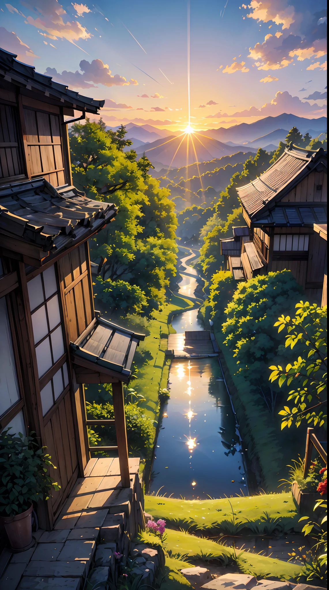 To the rainbow hanging on the mountain、Road after rain、campos de arroz、montanha、rainbowart、vista para o campo、Rural landscape in Japan、Sunset、Red dragonfly、