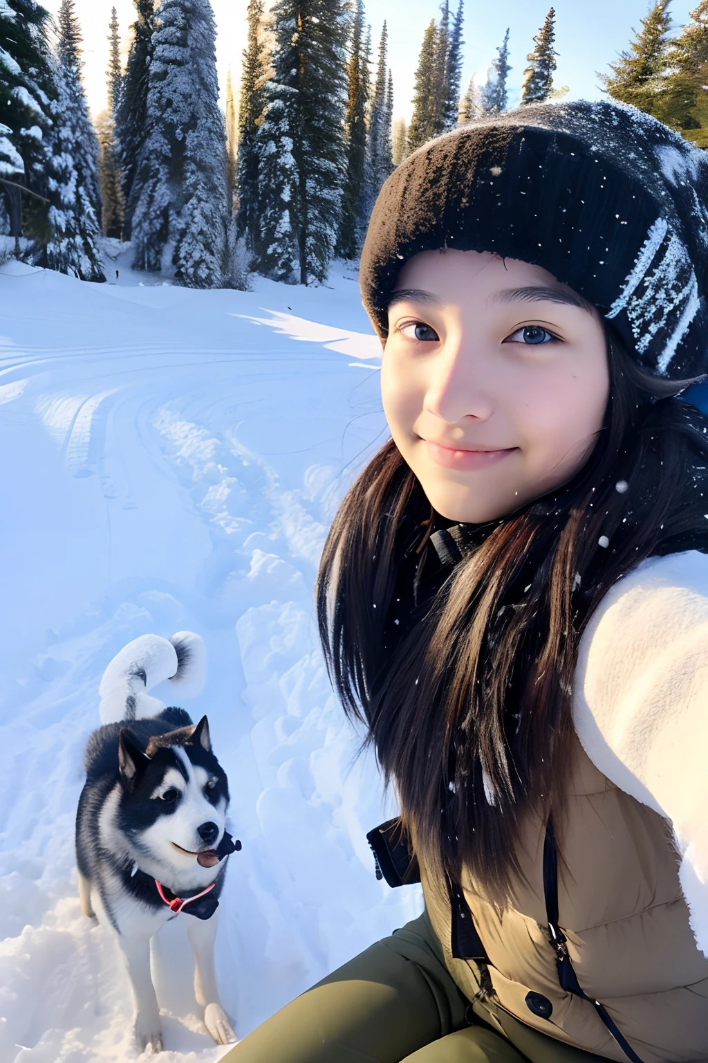 15-year-old girl, and a husky, On the snow, snow mountains, ln the forest.