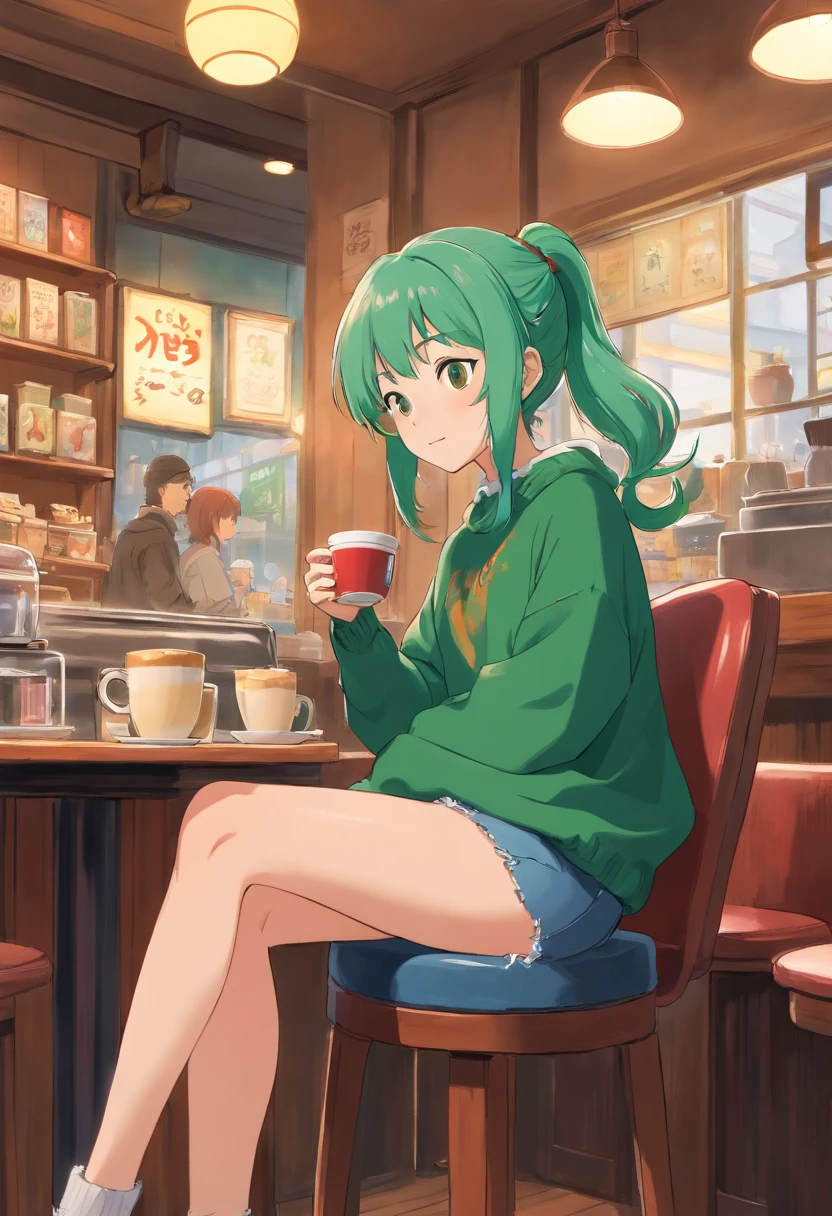 1girl in, Solo, coffee shop, Green hair, Beanie, Sweaters, jeans, sit a chair, Dynamic Pose, Indoors,