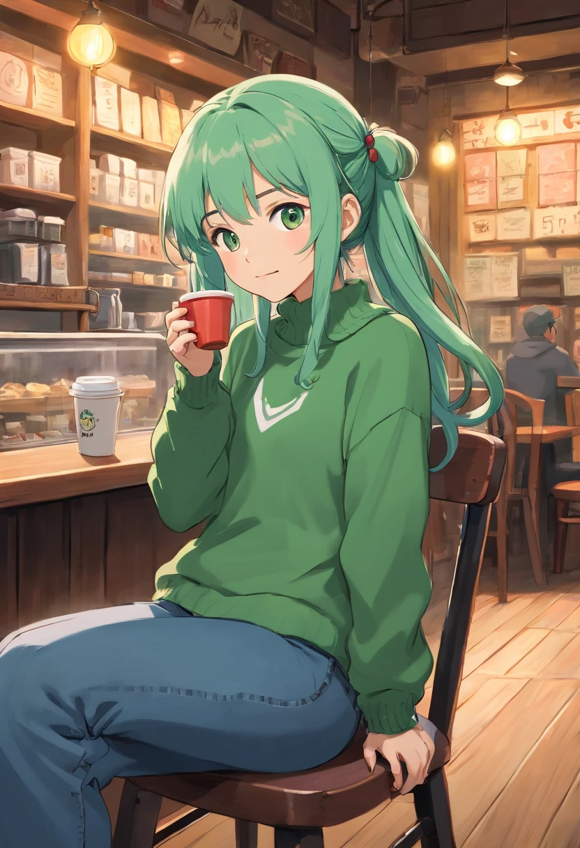 1girl in, Solo, coffee shop, Green hair, Beanie, Sweaters, jeans, sit a chair, Dynamic Pose, Indoors,
