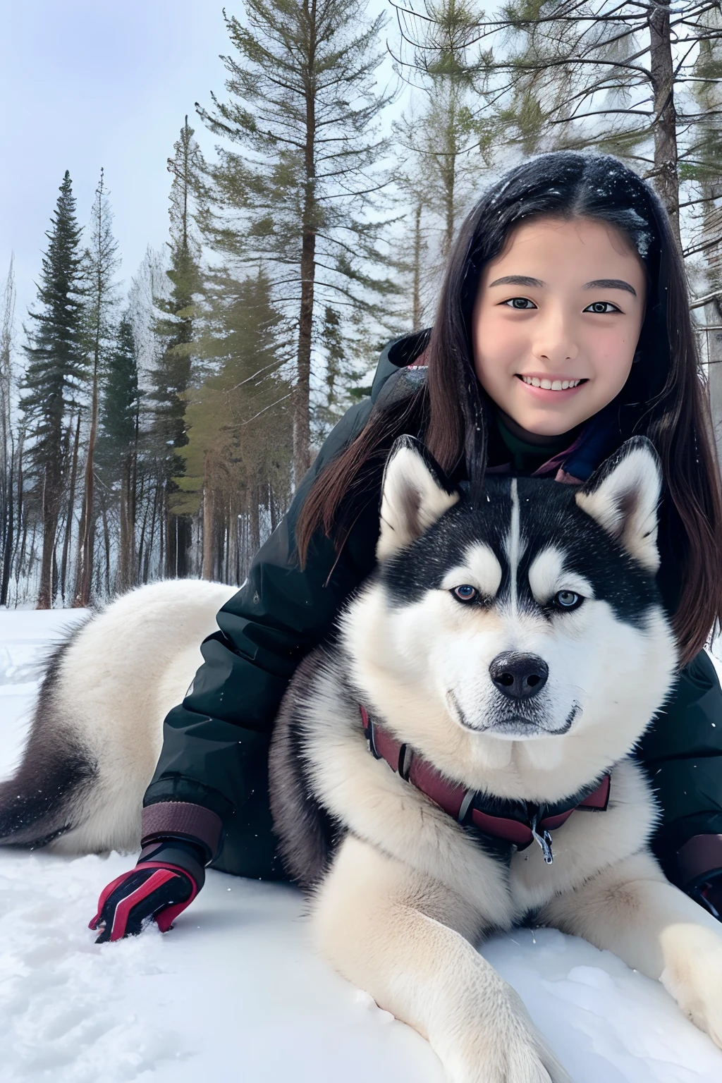15-year-old girl, and a husky, On the snow, snow mountains, ln the forest.