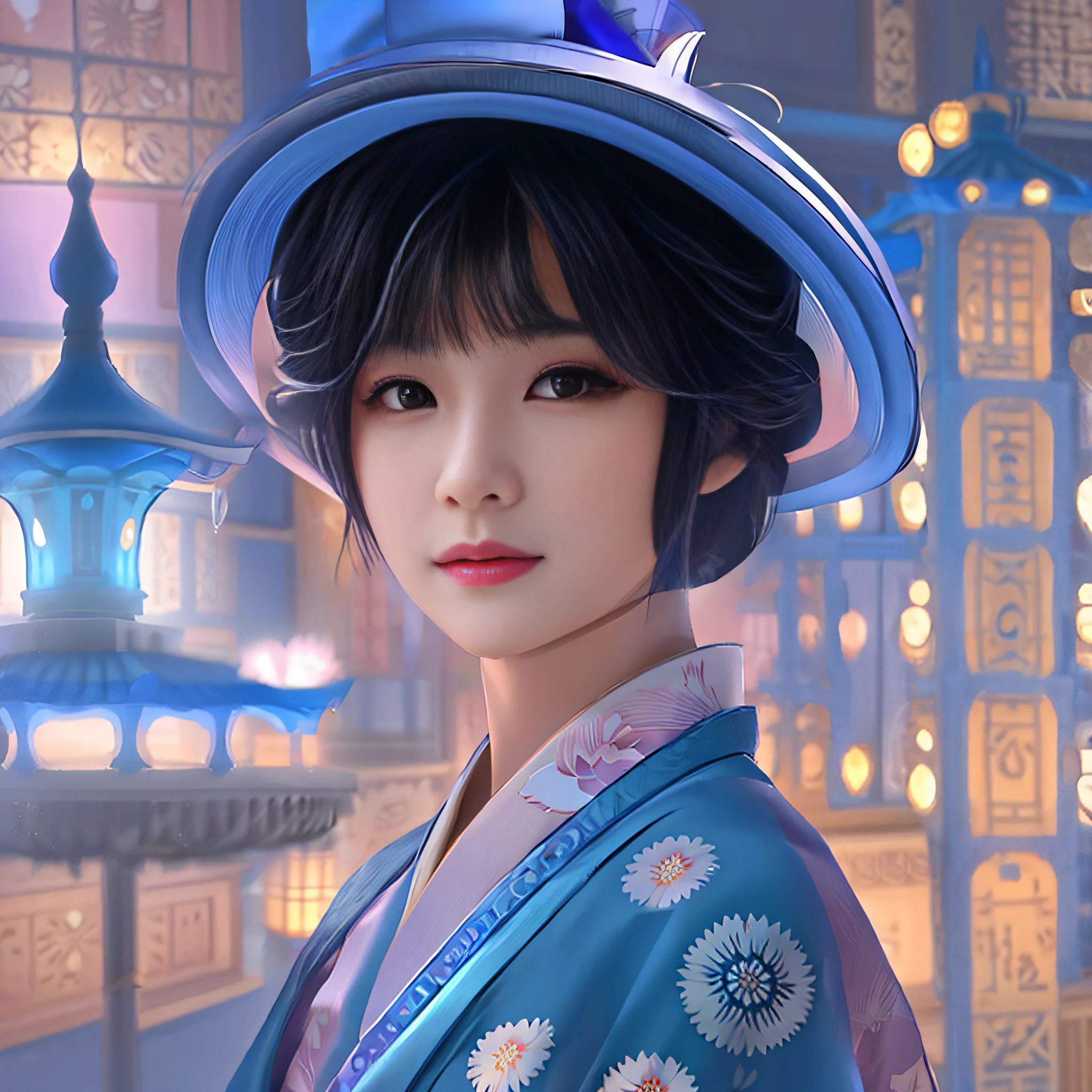anime character with a blue hat and a blue kimono, decorated with lotus flowers, stunning digital illustration, inspired by Sim Sa-jeong, beautiful digital illustration, beautiful digital art, a beautiful art illustration, palace, a girl in hanfu, exquisite digital illustration, Korean woman, beautiful character painting, guweiz style art, elegant digital painting, inspired by Jeong Seon, anime digital illustration.