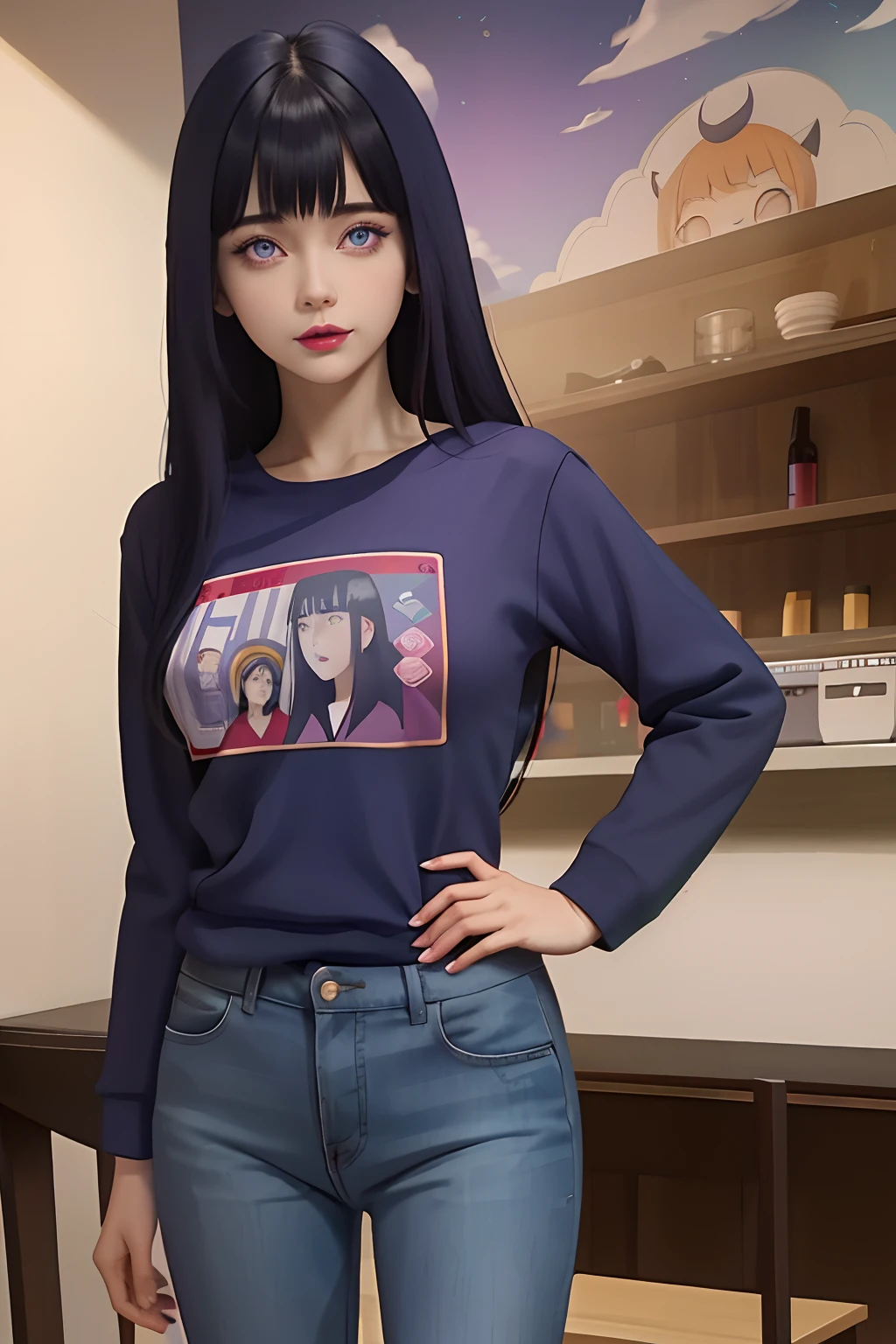 a close up of a person with long hair and a hoodie, hinata hyuga, hinata hyuga from naruto, from naruto, as an anime character, perfect anime face, she has dark blue hair with bangs, female anime character, anime character, anime best girl, hime cut hairstyle, dark blue hair, (red glossy lips:1.3), light purple eyes, big breasts, realistic, ultra detail, indoor background