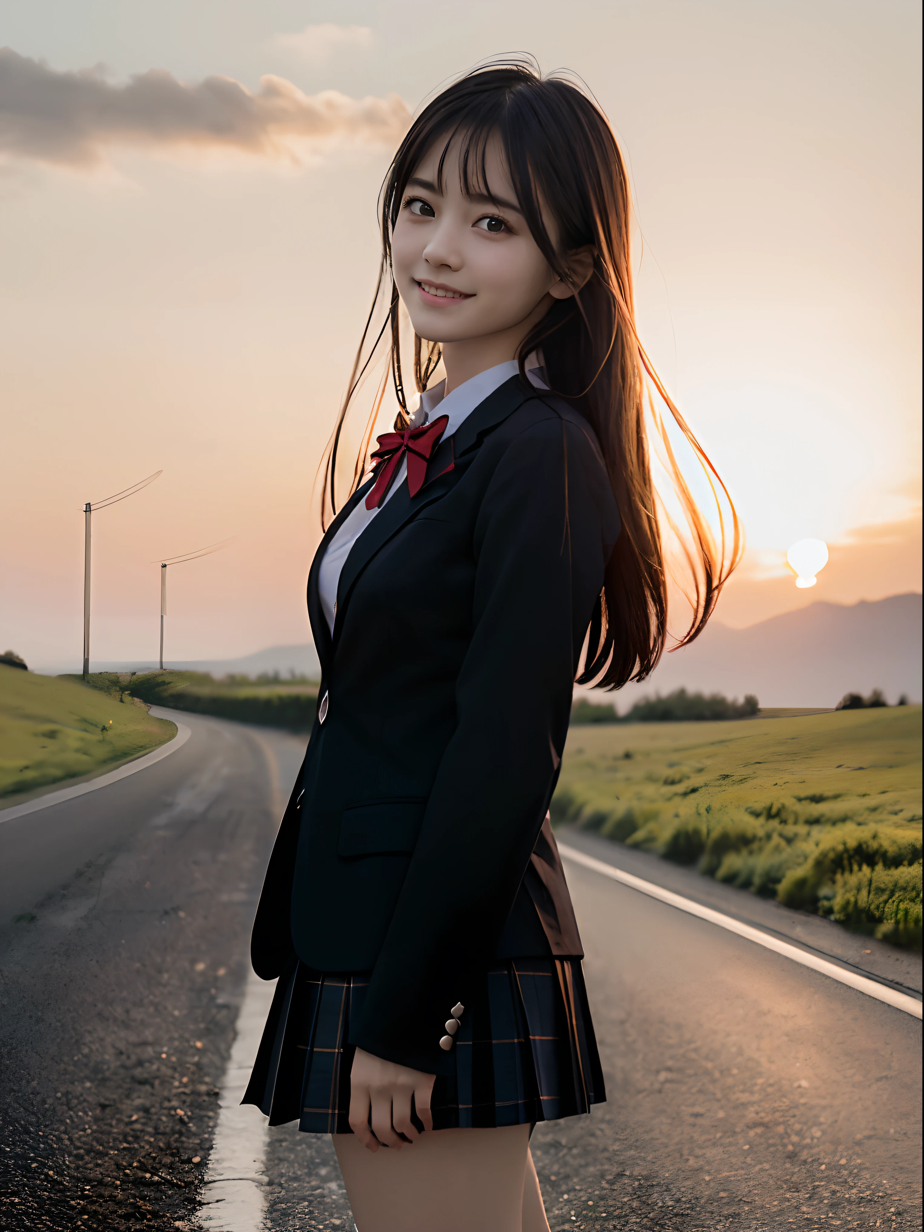 (Wearing a black blazer uniform with a red-edged collar、Close up portrait of one girl with slender small breasts and long hair dull bangs:1.5)、(Girl standing smiling on a straight road stretching to the meadow、the hair flutters with the wind :1.5)、(School uniform in black blazer with red edging collar:1.3)、(Beautiful sunset red sky:1.5)、(Perfect Anatomy:1.3)、(No mask:1.3)、(complete fingers:1.3)、Photorealistic、Photography、masutepiece、top-quality、High resolution, delicate and pretty、face perfect、Beautiful detailed eyes、Fair skin、Real Human Skin、((thin legs))、(Dark hair)