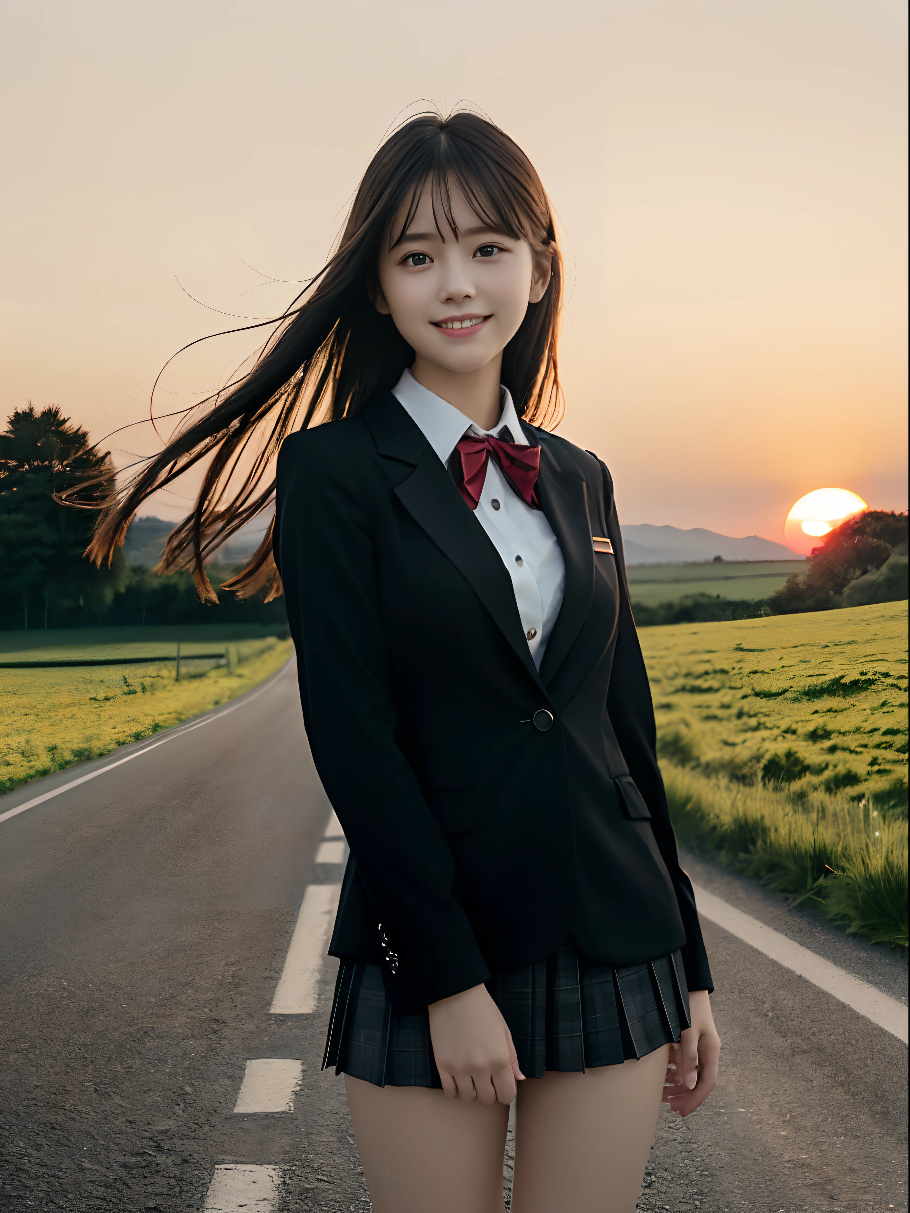 (Wearing a black blazer uniform with a red-rimmed collar、Close up portrait of one girl with slender small breasts and long hair dull bangs:1.5)、(Girl standing smiling on a straight road stretching to the meadow、the hair flutters with the wind :1.5)、(Uniform with black blazer and red edging collar:1.5)、(Beautiful sunset red sky:1.5)、(Perfect Anatomy:1.3)、(No mask:1.3)、(complete fingers:1.3)、Photorealistic、Photography、masutepiece、top-quality、High resolution, delicate and pretty、face perfect、Beautiful detailed eyes、Fair skin、Real Human Skin、((thin legs))、(Dark hair)