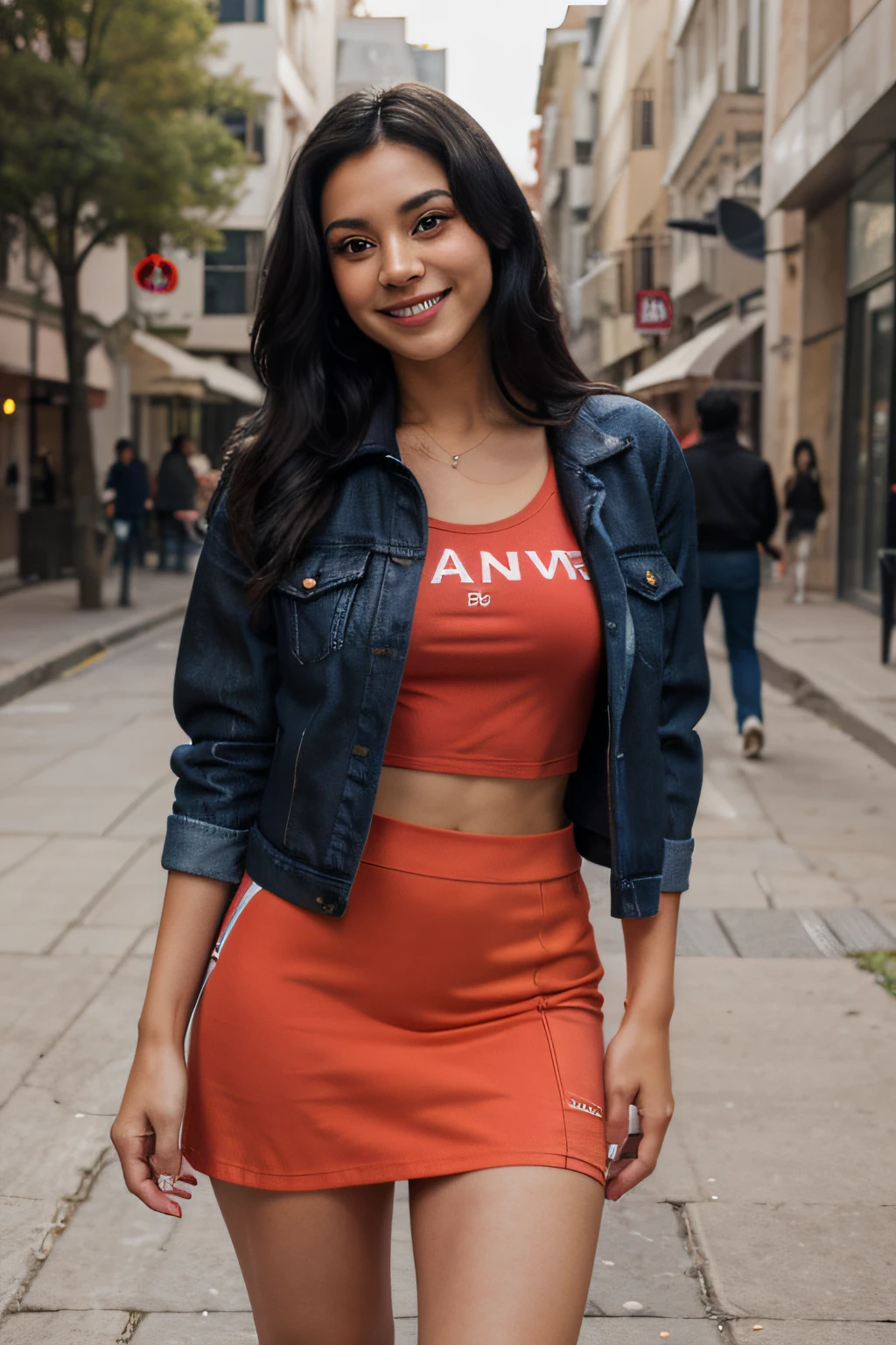 Smiling young hispanic woman, long black hair, wearing a denim jacket over a red t-shirt, upskirt, urban street background, photorealistic image