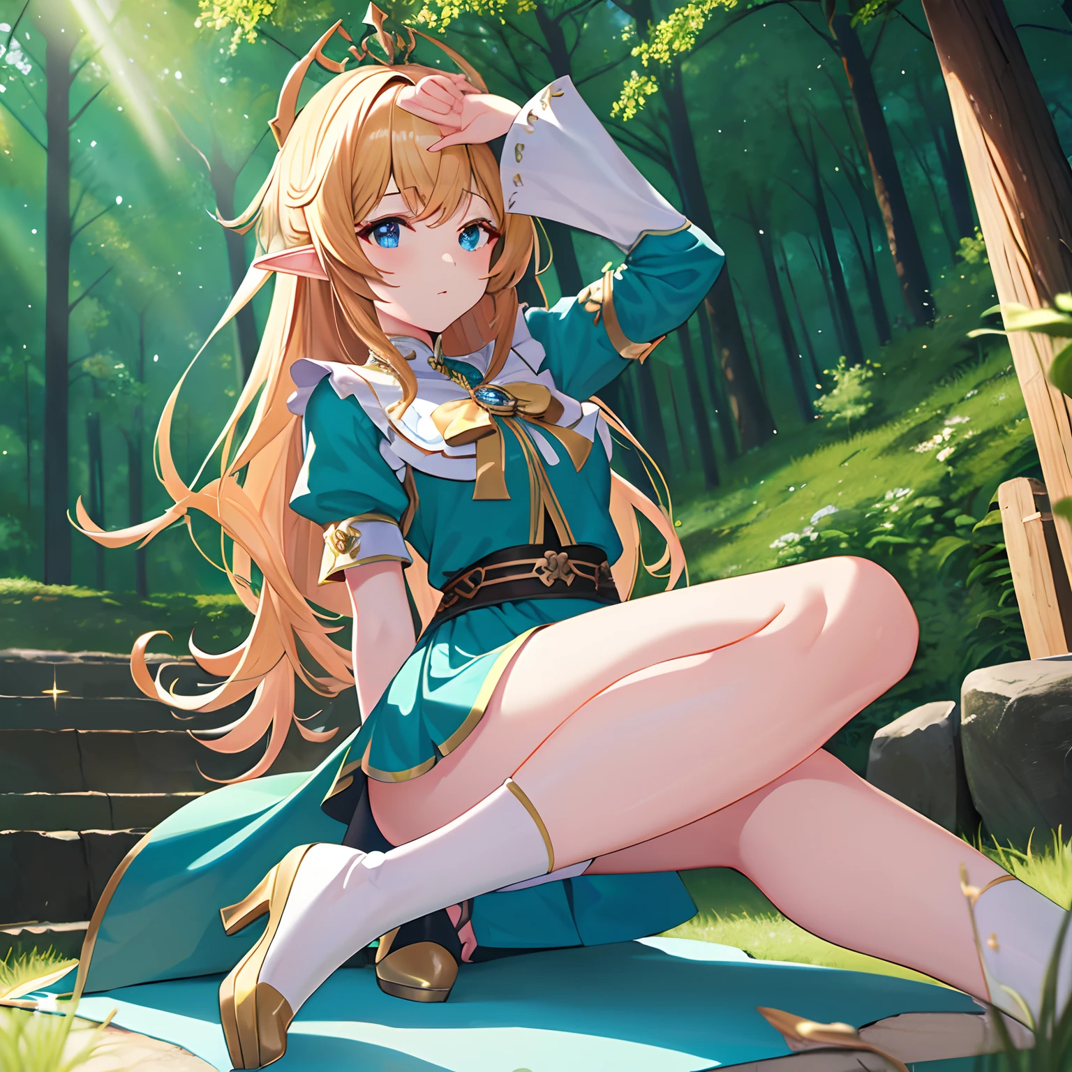 Masterpiece, full hd 8k, highly detailed, genshin impact style, fantasy style, solo, princess, elf girl, Brown long hair, hime_cut style, blue eyes, full-body, elfic outfit, green shirt, pink mini skirt, squatinng, , open legs, white pantys, upskirt, crotch exposed, tight highs, goldes heels shoes, forest,