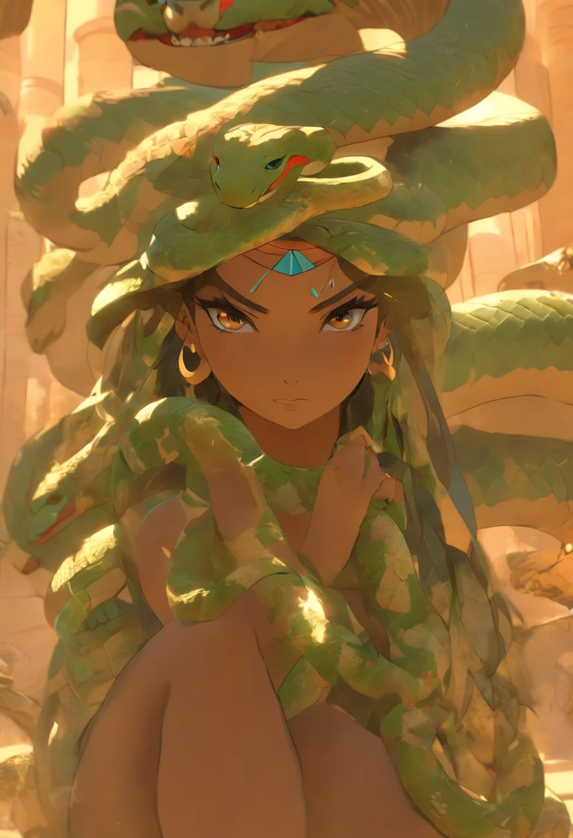 (((Woman's body and snake's head)) best quality, very high resolution, 4K detailed CG, masterpiece, Egyptian mythology,Renenutet,solar disc,snake goddess, Ancient Egypt, sitting pose,Egyptian clothing, desert, pyramid,Ancient Egypt,Egyptian mythology, ((snake head woman's body)), aesthetics, beautiful image, centered on the screen, standing pose