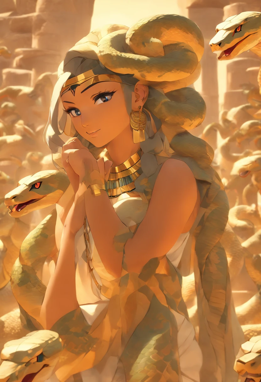 (((Woman's body and snake's head)) best quality, very high resolution, 4K detailed CG, masterpiece, Egyptian mythology,Renenutet,solar disc,snake goddess, Ancient Egypt, sitting pose,Egyptian clothing, desert, pyramid,Ancient Egypt,Egyptian mythology, ((snake head woman's body)), aesthetics, beautiful image, centered on the screen, standing pose