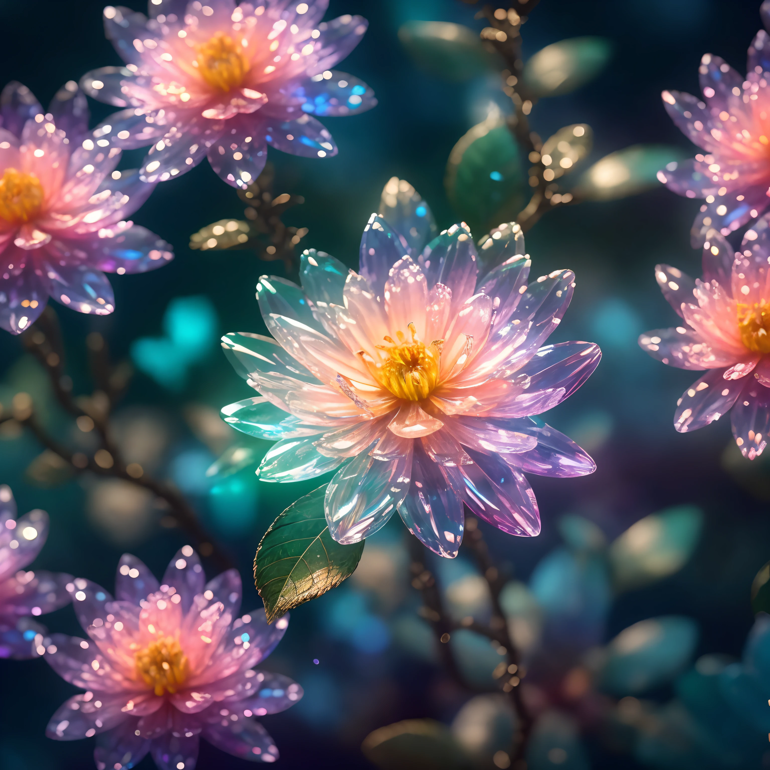 crystal spring blossom,
fantasy, galaxy, transparent,
shimmering, sparkling, splendid, colorful,
magical photography, dramatic lighting, photo realism, ultra-detailed, 4k, Depth of field, High-resolution