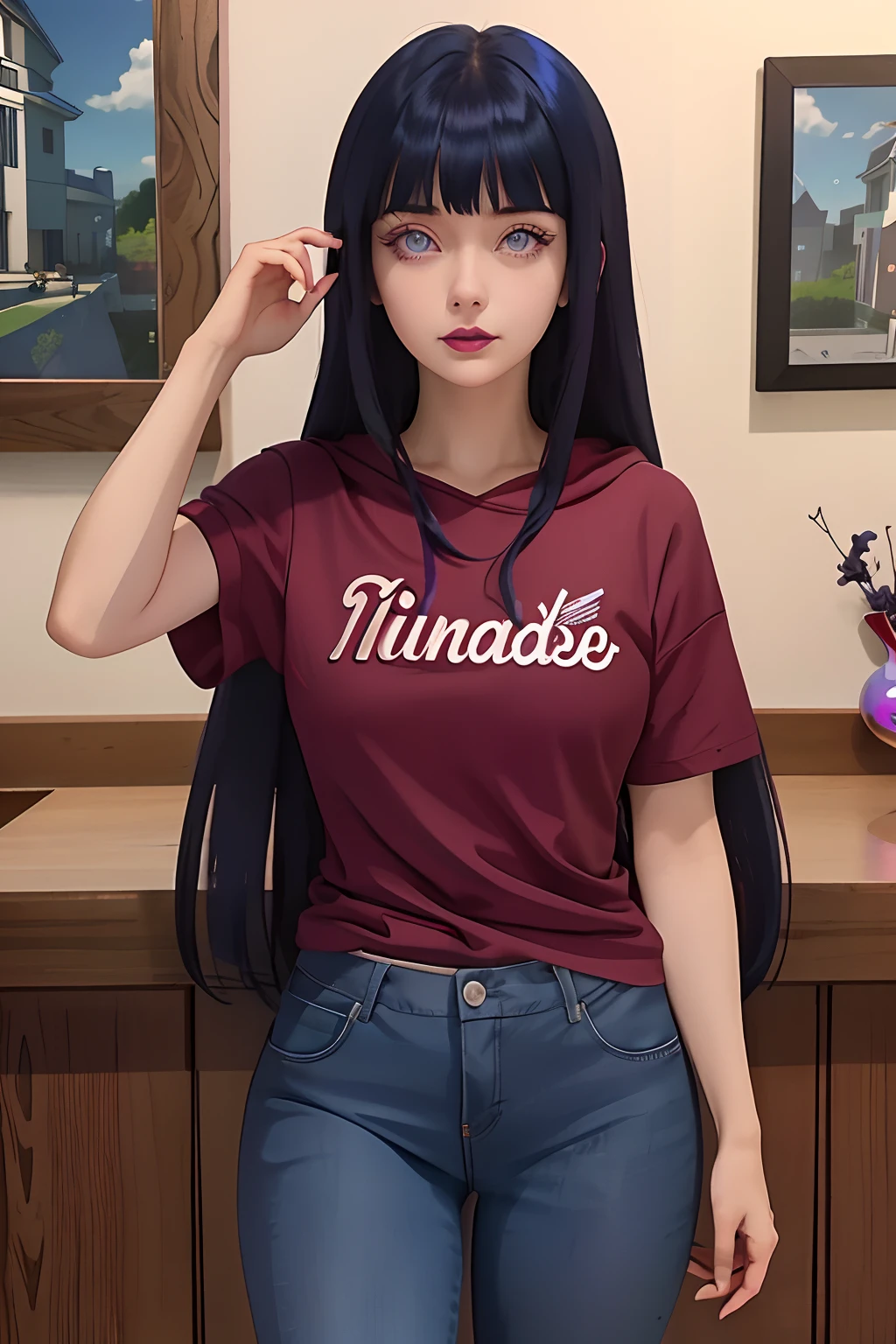 a close up of a person with long hair and a hoodie, hinata hyuga, hinata hyuga from naruto, from naruto, as an anime character, perfect anime face, she has dark blue hair with bangs, female anime character, anime character, anime best girl, hime cut hairstyle, dark blue hair, (red glossy lips:1.3), light purple eyes, big breasts, realistic, ultra detail, indoor background