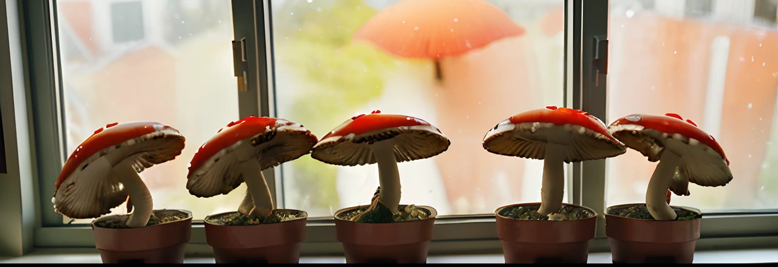 Red fly agaric mushrooms grow in pots in the kitchen near the window