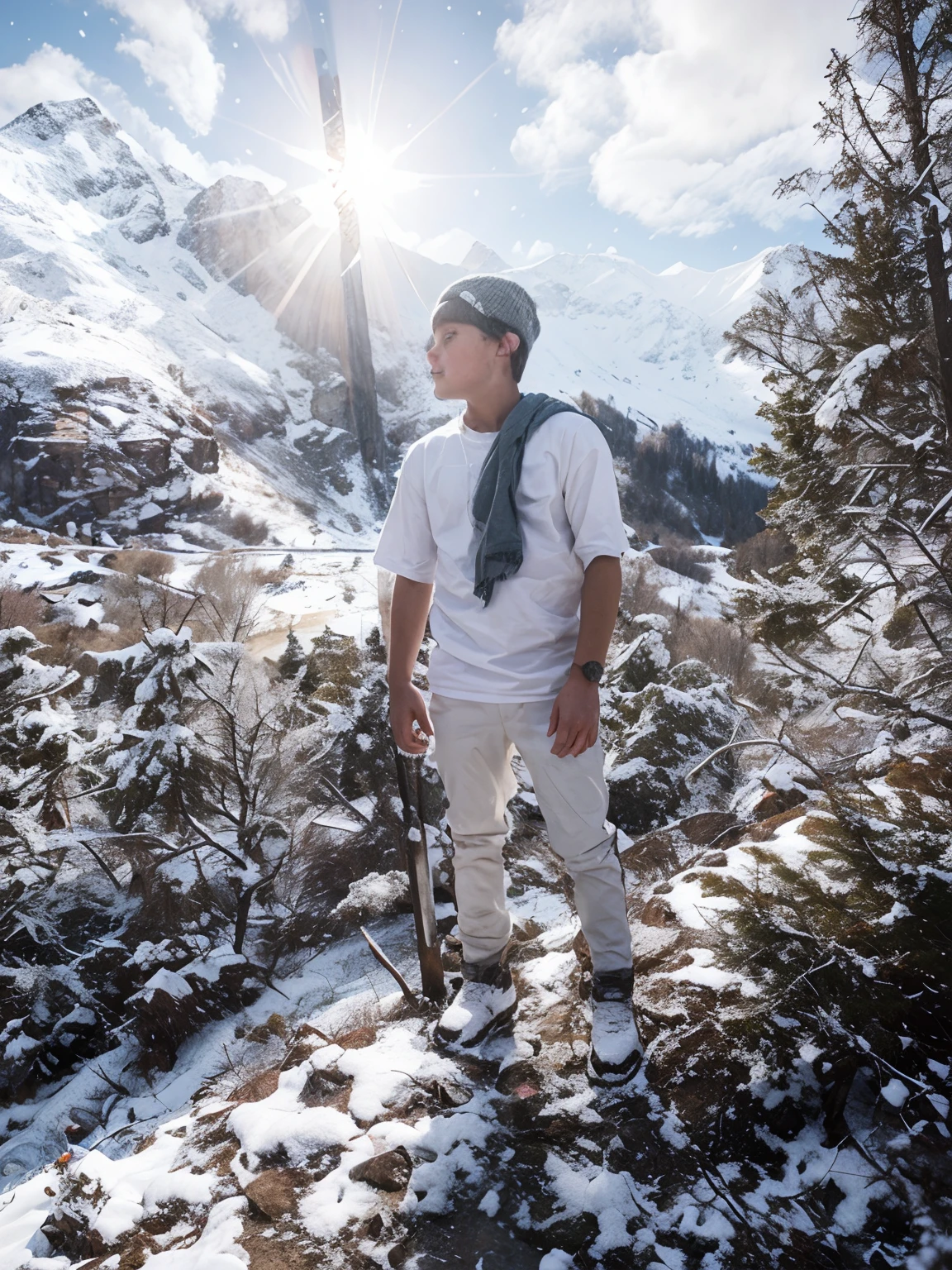 A boy in the mountains snow background realistic face high quality