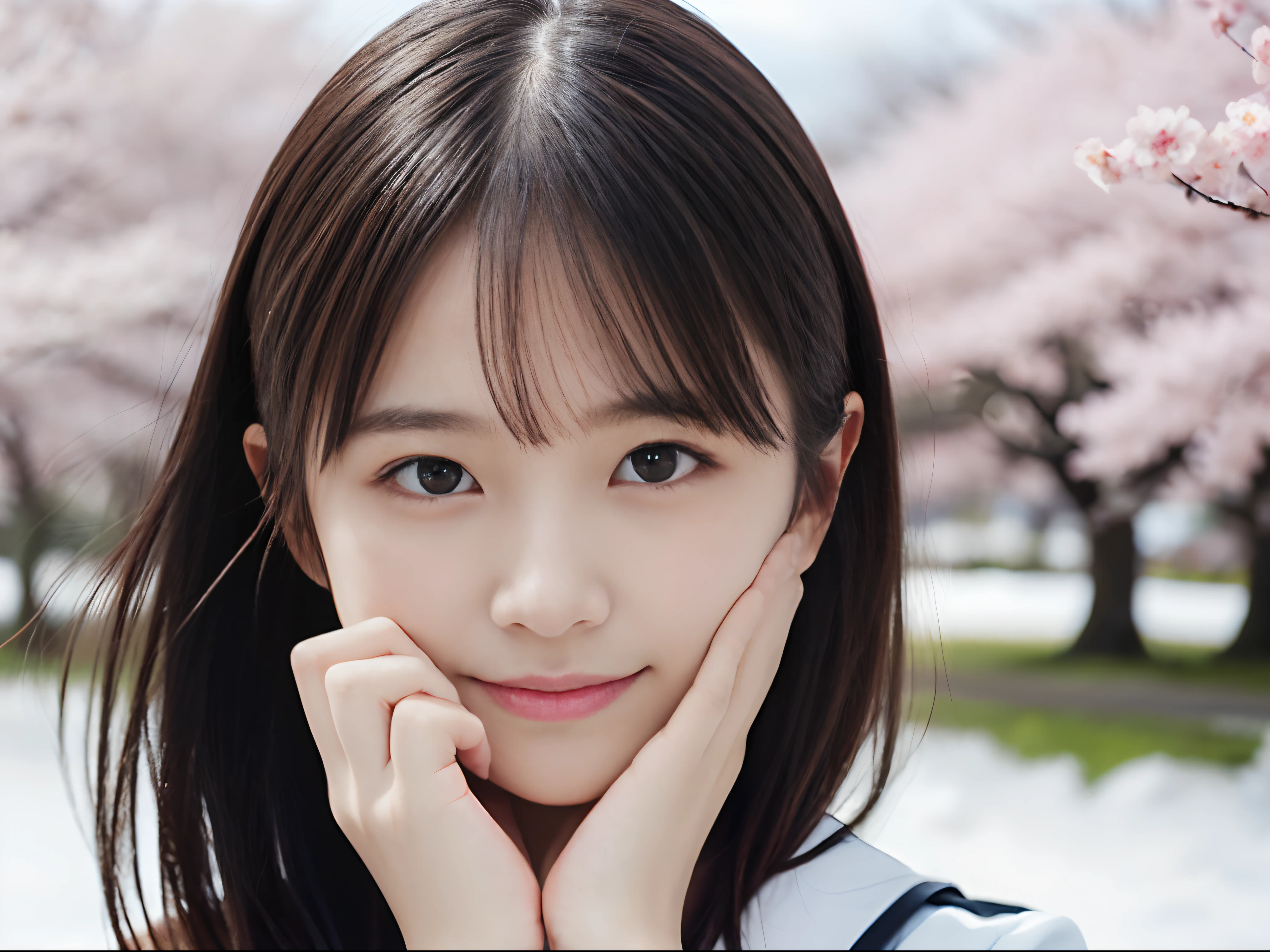 (Dressed in winter uniform、Close up portrait of one girl with slender small breasts and long hair dull bangs:1.5)、(One girl opens her hands wide with a small smile、the hair flutters with the wind :1.3)、(Rows of cherry blossom trees in full bloom and a blizzard of cherry blossoms dancing in the wind:1.5)、(Perfect Anatomy:1.3)、(No mask:1.3)、(complete fingers:1.3)、Photorealistic、Photography、masutepiece、top-quality、High resolution, delicate and pretty、face perfect、Beautiful detailed eyes、Fair skin、Real Human Skin、pores、((thin legs))、(Dark hair)