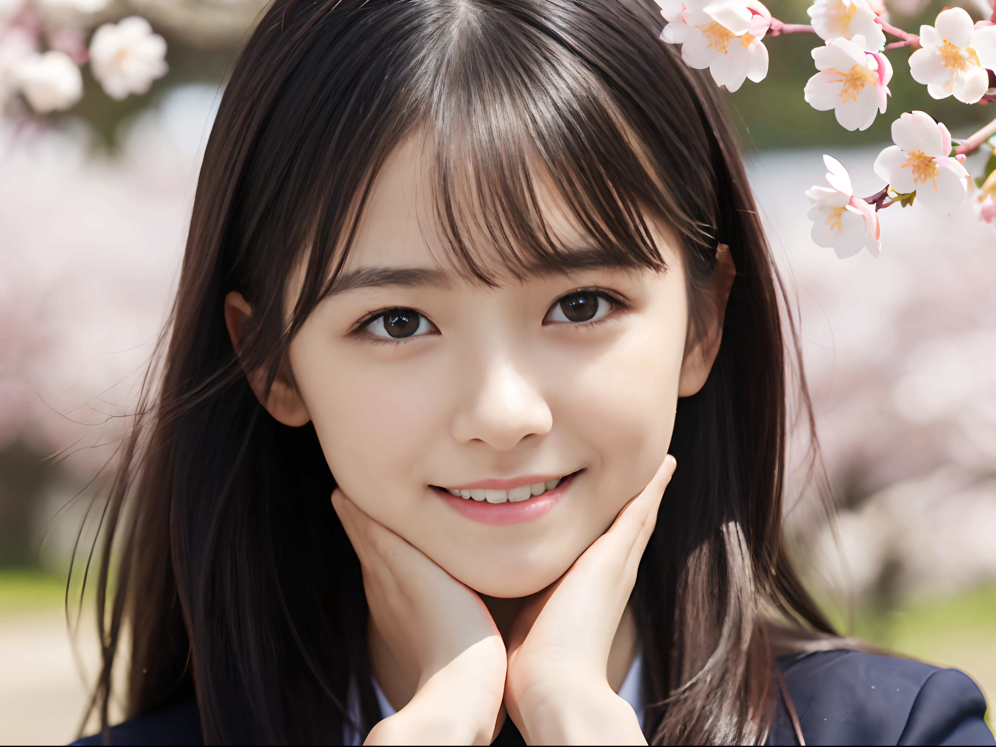 (slender small breasts and long hair,,,,,,,、Close up low angle shot of one girl with dull bangs in spring colorful sweater and shirt :1.5)、(Low angle shot of a girl dancing happily、the hair flutters with the wind :1.5)、(Rows of cherry blossom trees in full bloom and cherry blossom petals dancing in the wind:1.5)、(Perfect Anatomy:1.3)、(No mask:1.3)、(complete fingers:1.3)、Photorealistic、Photography、masutepiece、top-quality、High resolution, delicate and pretty、face perfect、Beautiful detailed eyes、Fair skin、Real Human Skin、pores、((thin legs))、(Dark hair)