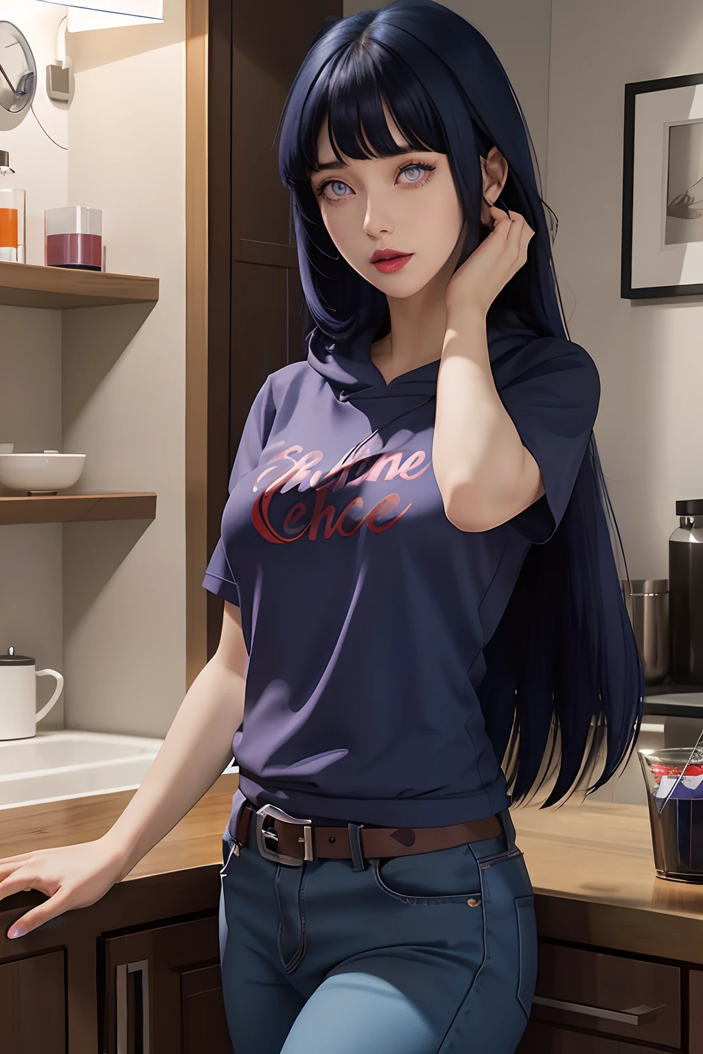 a close up of a person with long hair and a hoodie, hinata hyuga, hinata hyuga from naruto, from naruto, as an anime character, perfect anime face, she has dark blue hair with bangs, female anime character, anime character, anime best girl, hime cut hairstyle, dark blue hair, (red glossy lips:1.3), light purple eyes, big breasts, realistic, ultra detail, indoor background