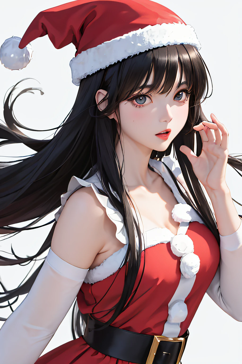 of the highest quality, masutepiece, illustratio、(Anime 1.6)、超A high resolution, Woman, Solo, White background, Upper body, Front view, Looking at Viewer, Pose, Black hair, Long hair, Santa Claus Costume, Santa Claus hat, Beautiful face, drooping eyes, From a distance