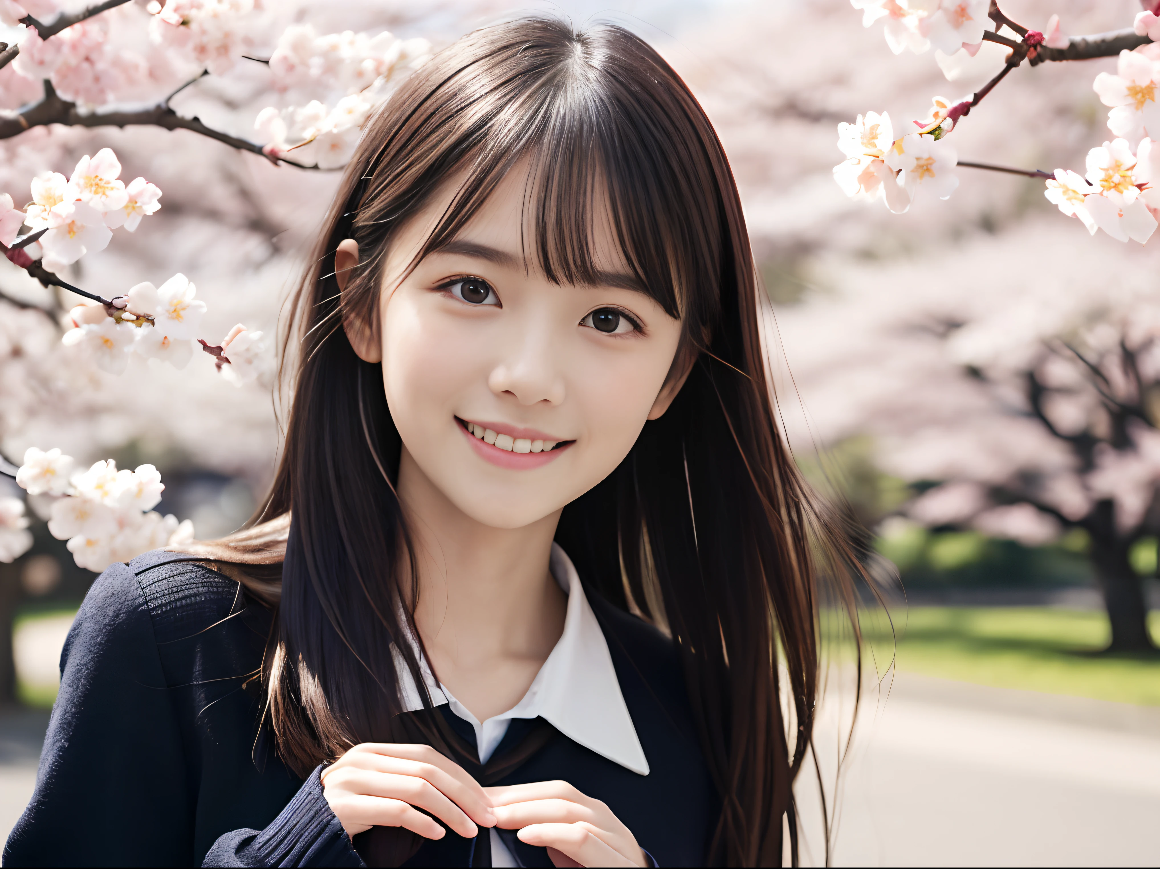 (Dressed in winter uniform、Close up portrait of one girl with slender small breasts and long hair dull bangs:1.5)、(One girl opens her hands wide with a small smile、the hair flutters with the wind :1.5)、(Rows of cherry blossom trees in full bloom and cherry blossom petals dancing in the wind:1.5)、(Perfect Anatomy:1.3)、(No mask:1.3)、(complete fingers:1.3)、Photorealistic、Photography、masutepiece、top-quality、High resolution, delicate and pretty、face perfect、Beautiful detailed eyes、Fair skin、Real Human Skin、pores、((thin legs))、(Dark hair)
