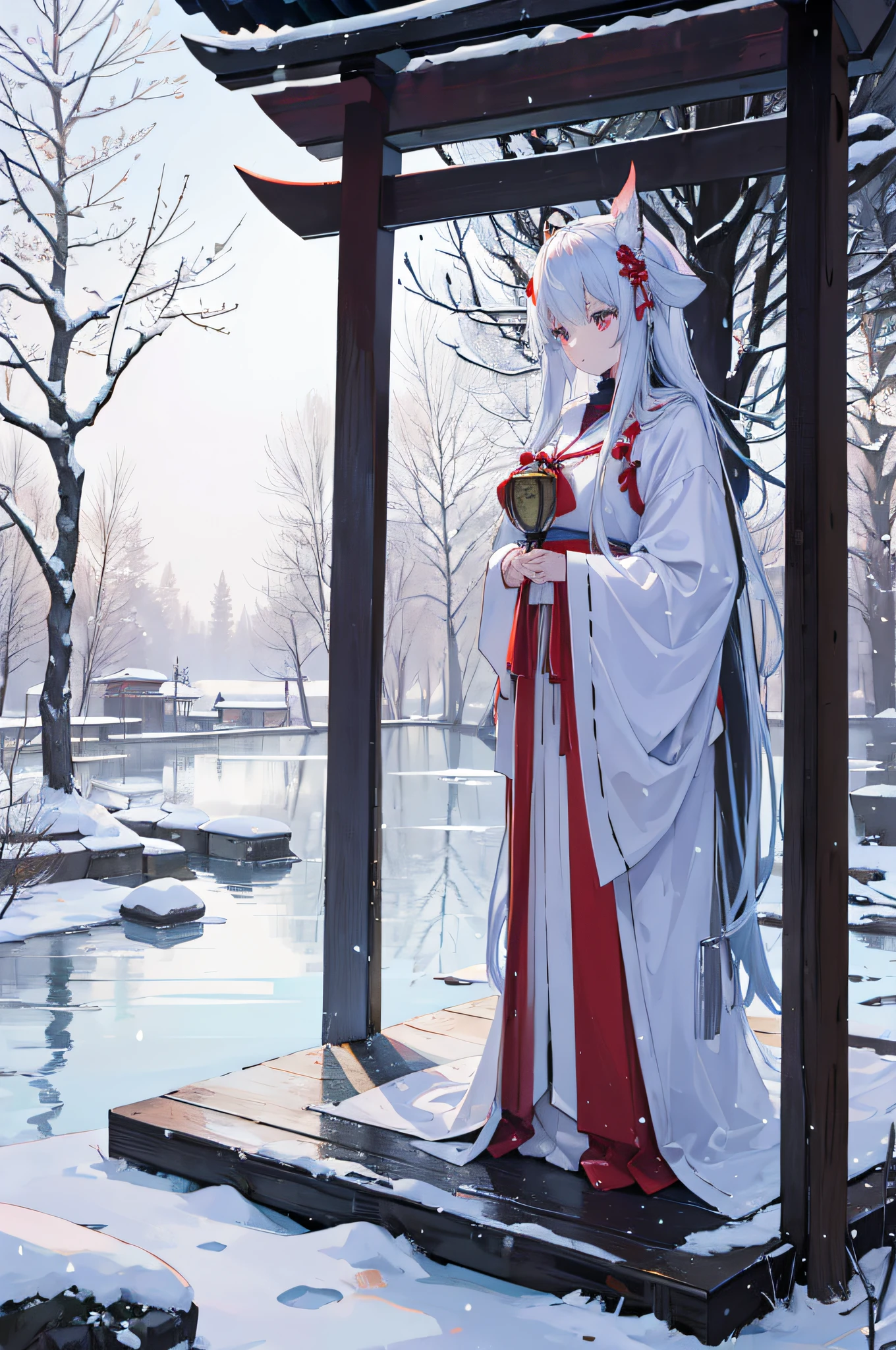 A shrine on a lake in a snow-covered forest、A Priestess Walking On Water