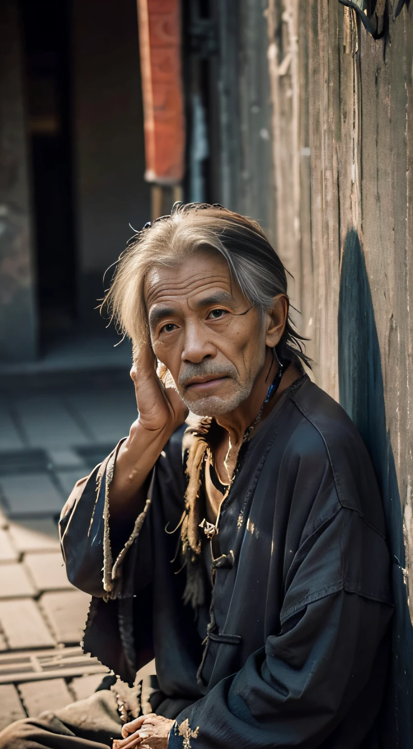 An elderly beggar from ancient China sits by the wall in tattered clothes，Then give a close-up of his face，Fold your hands and place them in the cuffs，And give him a close-up of his face