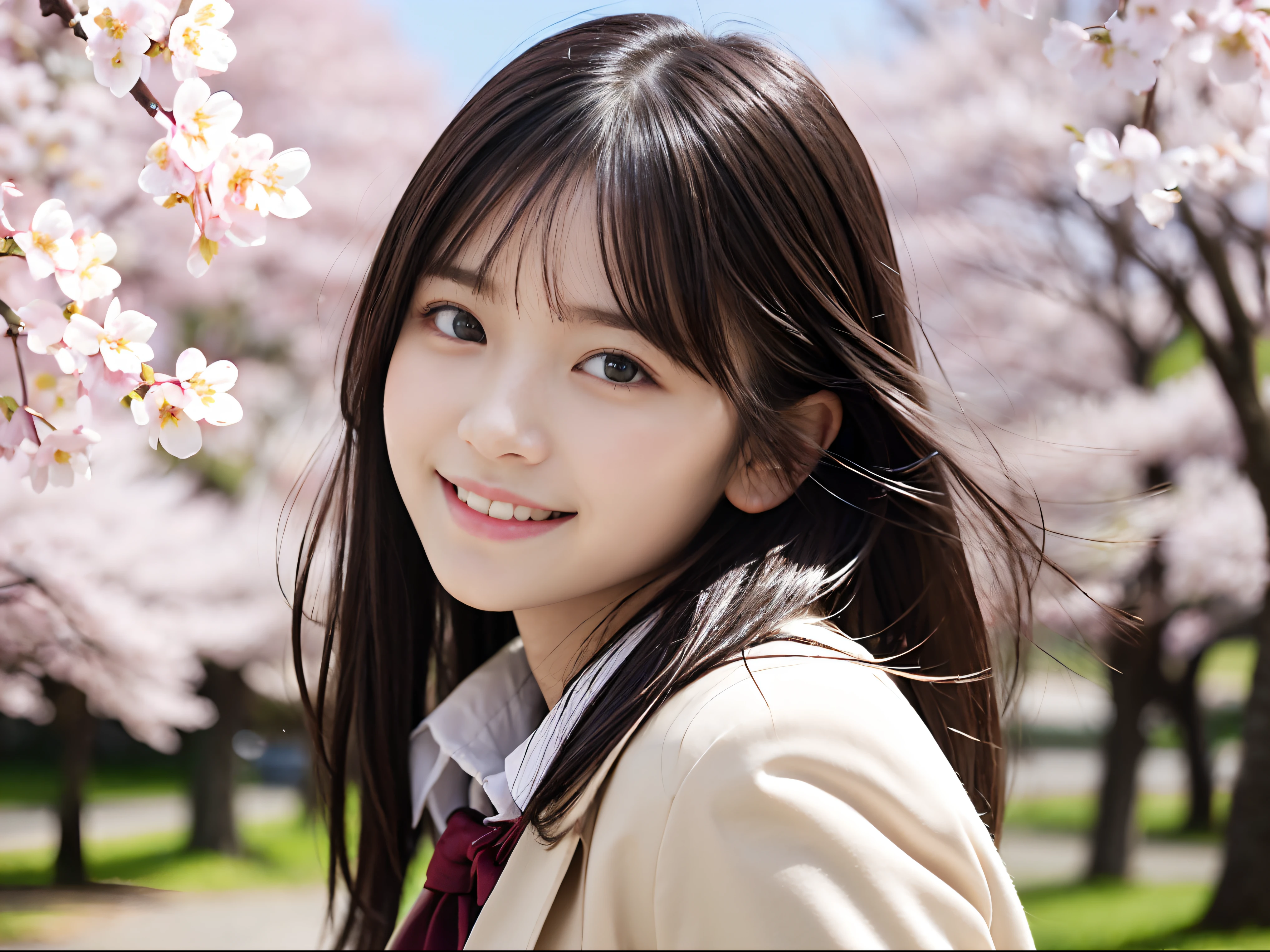 (Dressed in winter uniform、Close up portrait of one girl with slender small breasts and long hair dull bangs:1.5)、(A girl turns around and opens her hands wide with a small smile、the hair flutters with the wind :1.5)、(Rows of cherry blossom trees in full bloom and cherry blossom petals dancing in the wind:1.5)、(Perfect Anatomy:1.3)、(No mask:1.3)、(complete fingers:1.3)、Photorealistic、Photography、masutepiece、top-quality、High resolution, delicate and pretty、face perfect、Beautiful detailed eyes、Fair skin、Real Human Skin、pores、((thin legs))、(Dark hair)