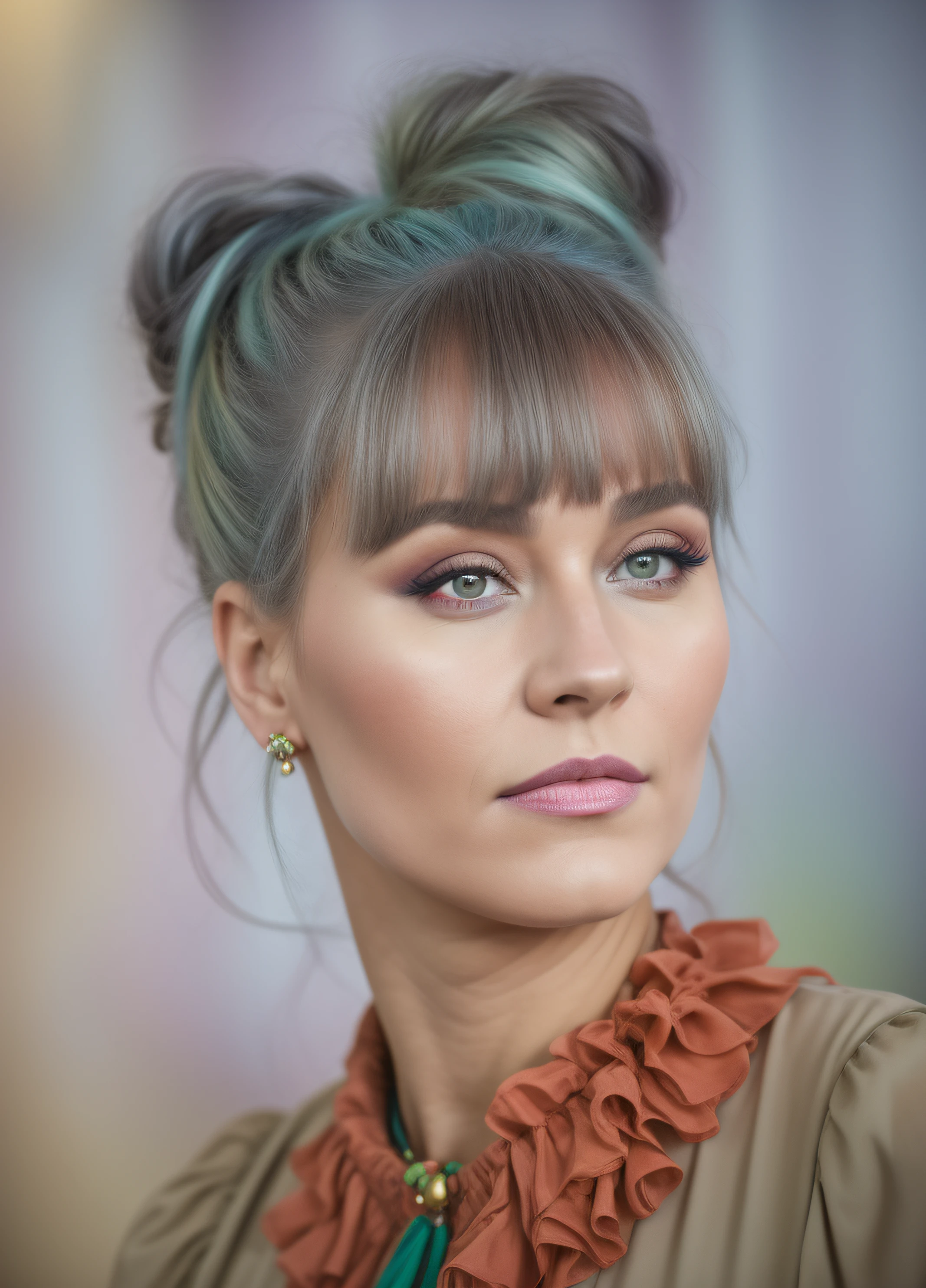 Hay una mujer con un peinado muy grande y un collar, Psychedelic coloring, inspired by Grethe Jürgens, Retrato en color, Aurora Aksnes, color photograph portrait 4k, Retrato de estudio en color, Retrato Color Glamour, Retrato suave, Retrato de alta calidad, fantasy portrait, Una foto coloreada, coloreado, Anastasia Ovchinnikova, Alejandra Fomina