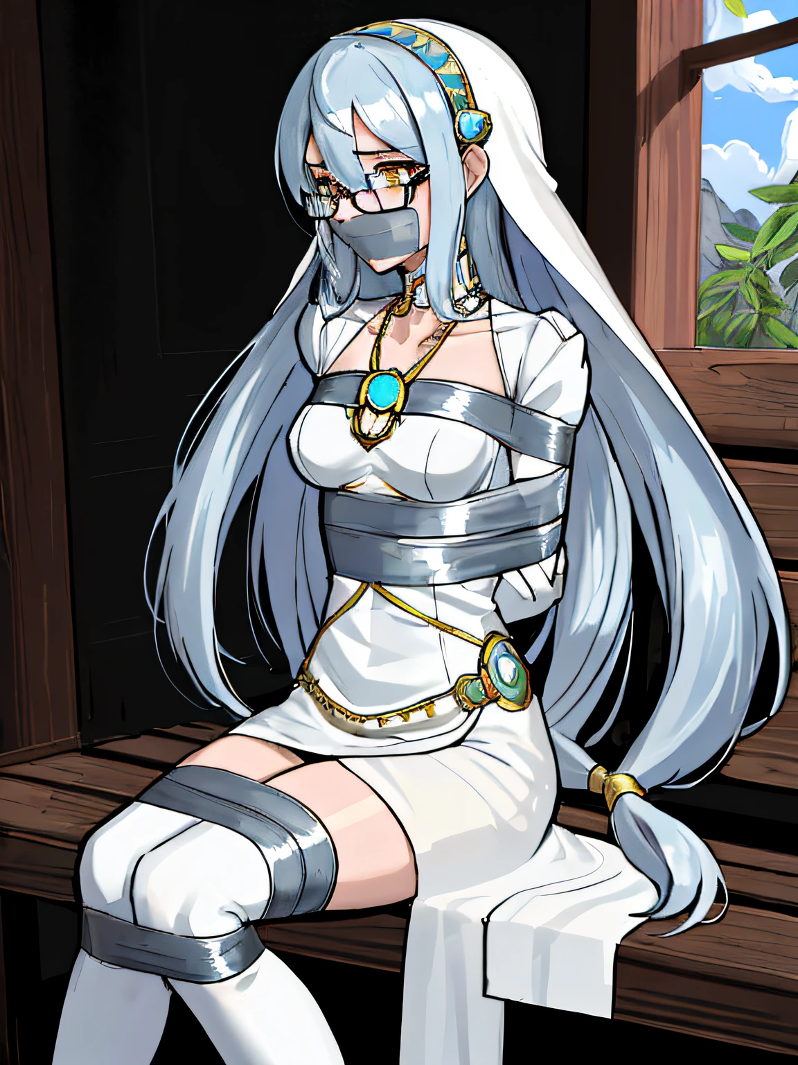 (absurdres, 8k, 4k, masterpiece, hyper extreme detailed:1.2), solo, 1girl, side view portrait, best quality, expressive eyes, perfect face, 1girl, portrait, solo, Female, mature female, adult, silver hair, gold eyes, def_azura, asymmetrical legwear, gloves, barefoot, anklet, jewelry, dress, fingerless gloves, veil, elbow gloves, pendant, necklace, white dress, white gloves, ribbon, blue ribbon, light smile, small bust, long hair, straight hair, swept bangs, cowboy shot, half body, silver hair, expressive eyes, perfect eyes, cafe background, glasses, artist, artistic, creative, creativity, passion, passionate, friendly, sitting down, bench, cafe background, blue skies, sun, clouds, window, bound, bondage, (arms behind back:1.4), bdsm, tape gag, tape, tape bondage, restrained, tape wrapped, wrap gag, bondage, taped wrists, taped breasts, taped mouth, taped elbows, taped forearms, standing up, 1girl, taped thighs, taped ankles, tape gagged, wrap gag,