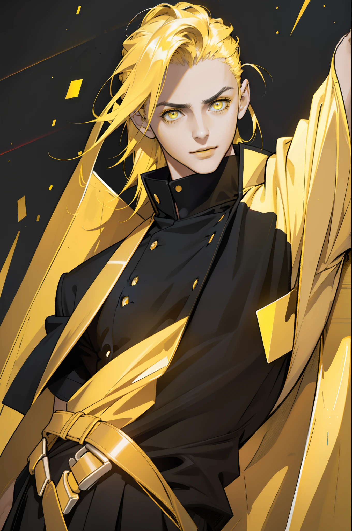 1 boy, beautiful male body, 20 years old , Body Length 175 cm, ((short hair, black color, (Chin hair length),((Hair length 12 inch)), (street hairstyle), ((Yellow color at the ends of the hair)), (Yellow color eyes), realistic eyes, beautiful eyes), (student clothes, School uniform clothes), (8k wallpaper), (school class wallpaper), 8k, high quilty, realistic, beautiful realistic, Cool details, raw photo, realistic clothing, black hair, realistic hair, yellow eyes, Light and cool lighting, photo realistic, Cel shaded, Gel lighting, ultra details, Yellow color at the ends of the hair, simple muscles
