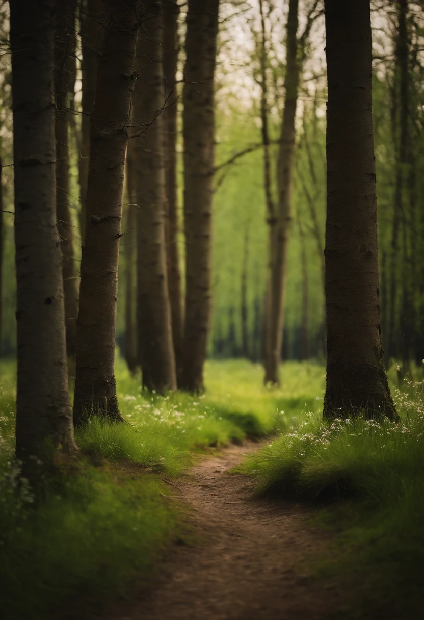 Best quality at best，tmasterpiece，（fidelity：1.2）， Large grasslands，springtime，The main color is green，small stream，Birch forest，Flat viewing angle