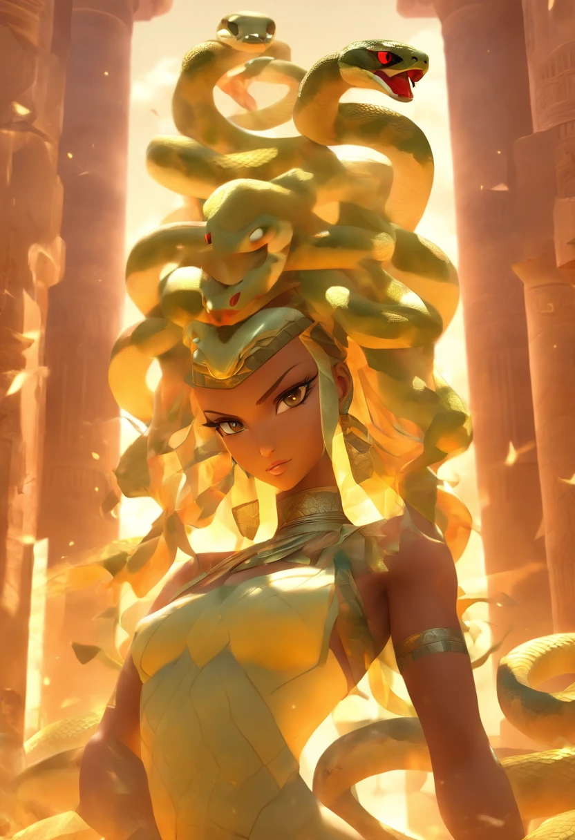 (((Human body and snake head))) best quality, very high resolution, 4K detailed CG, masterpiece, Egyptian mythology, Renenutet, sun in the background, Ancient Egypt, standing pose, snake head, clothes white, Egyptian clothes, Egyptian temple, desert, Ancient Egypt, ((snake head, woman's body)), Egyptian palace, aesthetics, beautiful image, centered on screen, standing pose