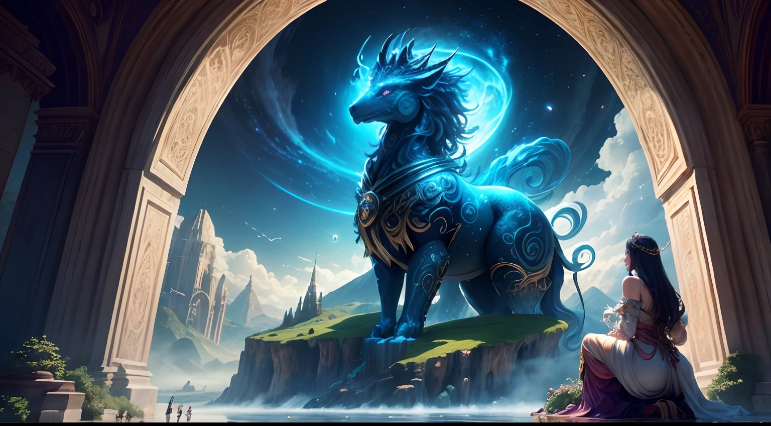 (best quality,4k,8k,highres,masterpiece:1.2),ultra-detailed,(realistic,photorealistic,photo-realistic:1.37),flying chariot pulled by monsters,shambala city,mythical landscape,golden shining chariot,fierce and majestic monsters,ornate and intricate details,ancient ruins,serene and peaceful atmosphere,mythical creatures in flight,mythical plants and flowers,ethereal lighting,divine architecture,mist-covered mountains,splendid aerial view,surreal and enchanting scene,vibrant and magical colors,mythical beings,celestial beings silently overlooking the city,sumptuous and elaborate decorations,elusive and otherworldly,transcendent and dreamlike,mythological figures and statues,ancient prophecies and secrets,mythical symbols and glyphs,glowing and sparkling orbs,harmony between nature and civilization,transcendental realm,eternal bliss and prosperity,cosmic forces and energies at play,harmonious coexistence between humans and monsters,tales of courage and adventure,mythical beings guiding humanity,blissful sanctuary amidst chaos,masterpiece of mythical art,transformation and rebirth,unveiling the mysteries of the universe,eternal hope and divinity,shimmering waterfalls and cascades,colorful and surreal sky,peaceful and utopian society,humanity ascending to higher realms.