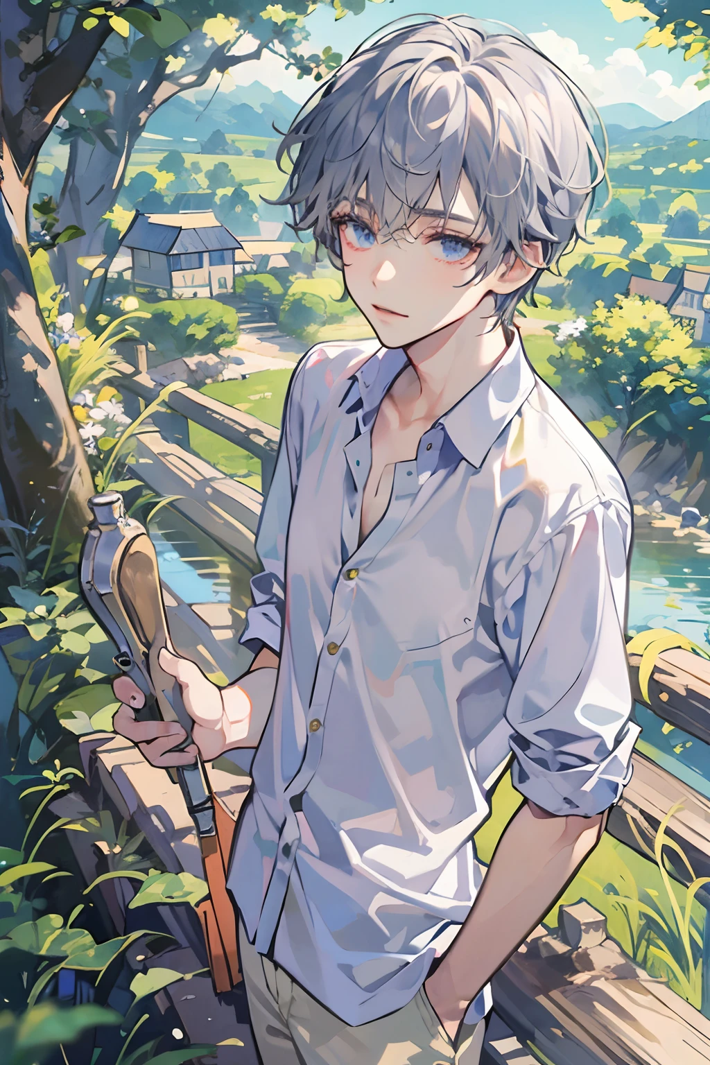 Very beautiful boy、silber hair、country scenery、White cutter shirt、half-pants、Natural lighting、Studio Ghibli、blue-sky、hight resolution、Best Quality,