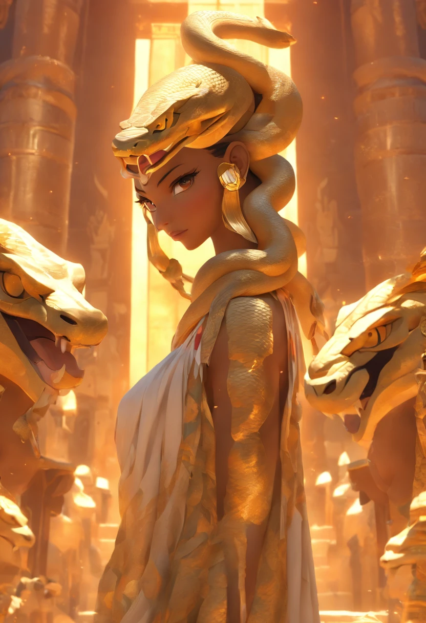 (((Human body and snake head))) best quality, very high resolution, 4K detailed CG, masterpiece, Egyptian mythology, Renenutet, sun in the background, Ancient Egypt, standing pose, snake head, clothes white, Egyptian clothes, Egyptian temple, desert, Ancient Egypt, ((snake head, human body)), Egyptian palace, aesthetics, beautiful image, centered on the screen, standing pose