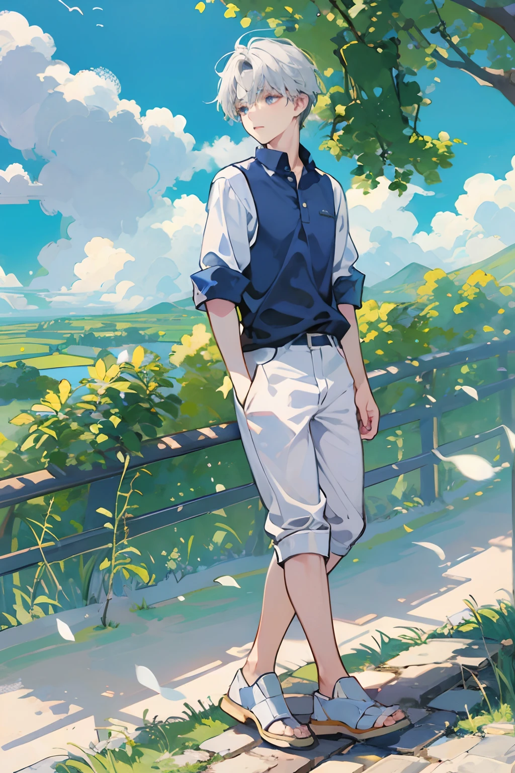 Very beautiful boy、silber hair、country scenery、White cutter shirt、half-pants、Natural lighting、Studio Ghibli、blue-sky、hight resolution、Best Quality,