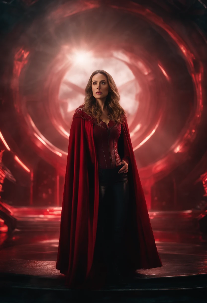 Scene from Movie, Scarlet Witch from Marvel Close-Up Shot, Distorted Space, Distorted Undead in the Background, Lens Flares, Light Shafts, Intricate Details, High Detailed, Volumetric Lighting, 4k Rendering, Stock Photo, Hyper Realistic, Realistic Textures, Dramatic Lighting, Unreal Engine