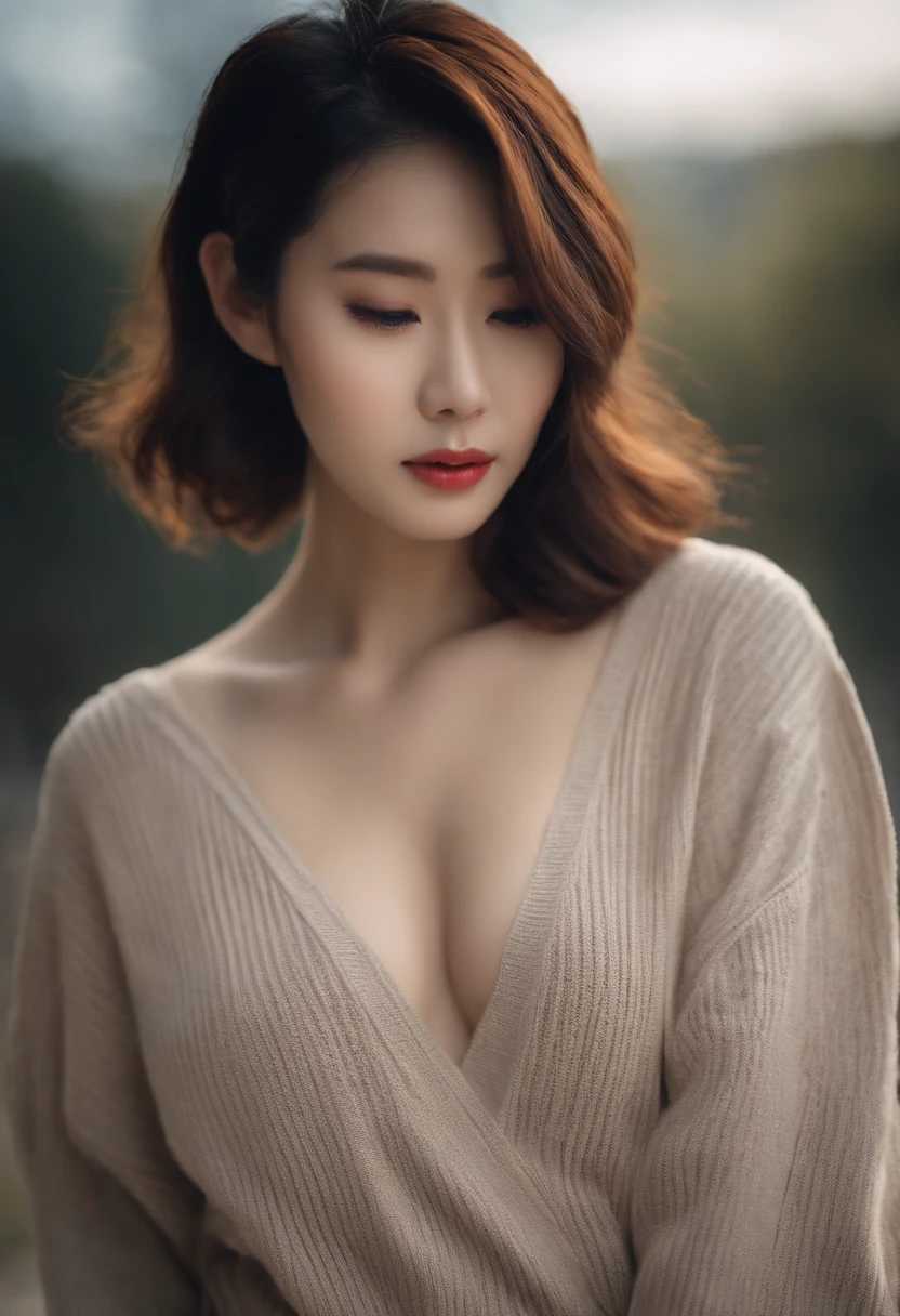 (best qualtiy,8k,32k,tmasterpiece,UHD:1.2),Photo of beautiful Chinese woman,c-cup breasts,Very short delicate hair,The upper part of the body,sface focus,oversized_sweater,simple backgound,from the above,looking at viewert,