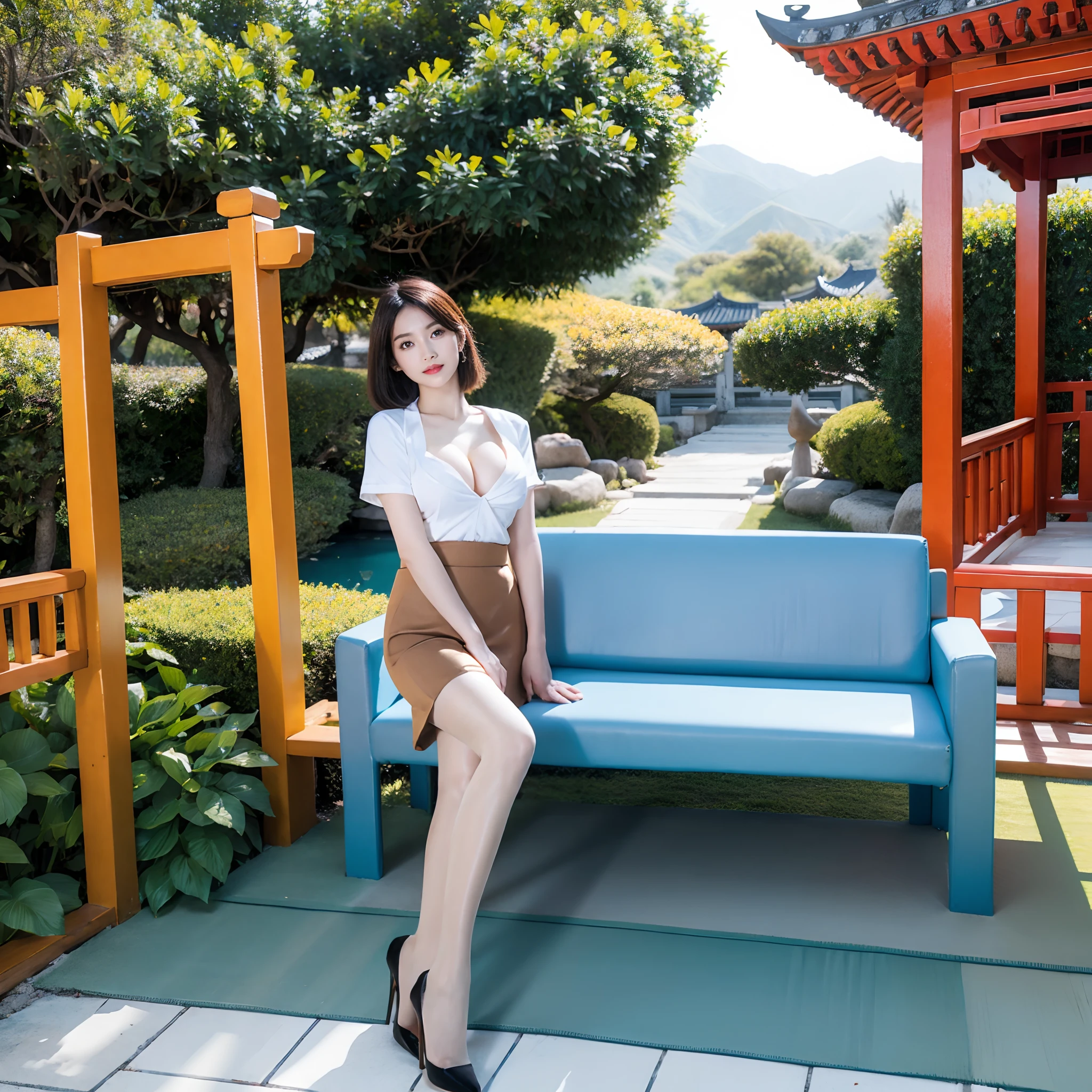 (Best quality, Masterpiece:1.2), 超高分辨率, intricately details, twogirls,Mature face,cleavage,Flesh-colored pantyhose,Flesh-colored high heels,Single ball head,largeeyes,Redlip,Heavy makeup,tightshortsleeve,Skirt that wraps hips,In a Chinese garden,standing on your feet,Three women