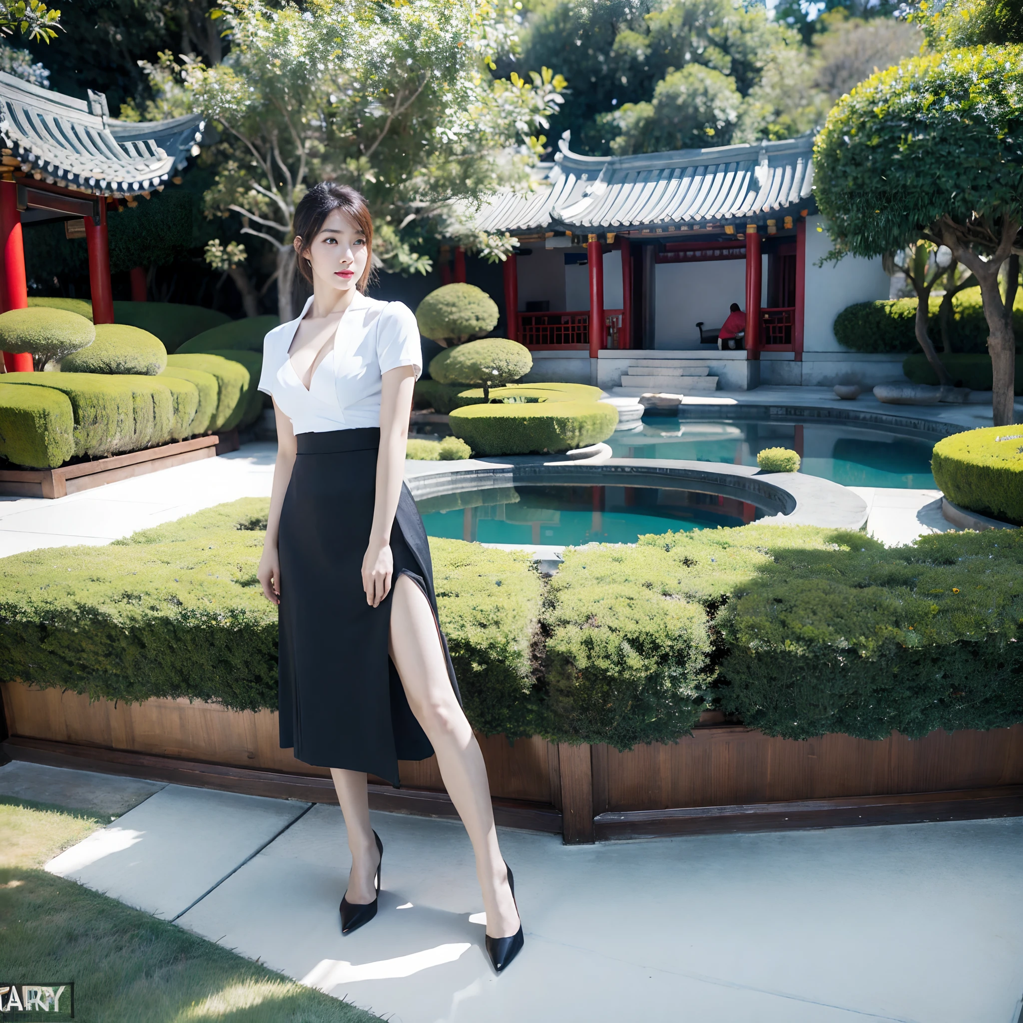 (Best quality, Masterpiece:1.2), 超高分辨率,  intricately details, twogirls，Mature face，cleavage，Flesh-colored pantyhose，Flesh-colored high heels，Single ball head，largeeyes，Redlip，Heavy makeup，tightshortsleeve，Skirt that wraps hips，In a Chinese garden，standing on your feet，Three women