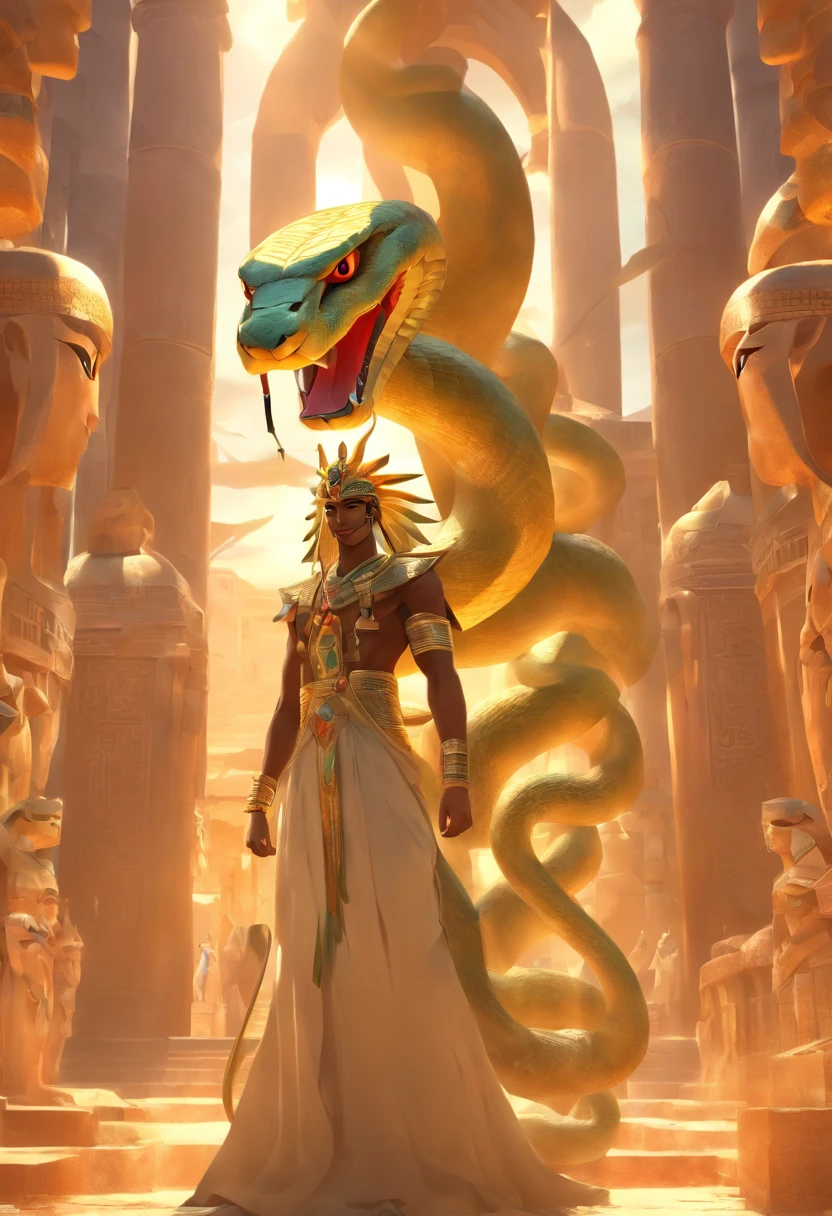(((Human body and snake head))) best quality, very high resolution, 4K detailed CG, masterpiece, Egyptian mythology, Renenutet, sun in the background, Ancient Egypt, standing pose, snake head, clothes white, Egyptian clothes, Egyptian temple, desert, Ancient Egypt, ((snake head, human body)), Egyptian palace, aesthetics, beautiful image, centered on the screen, standing pose