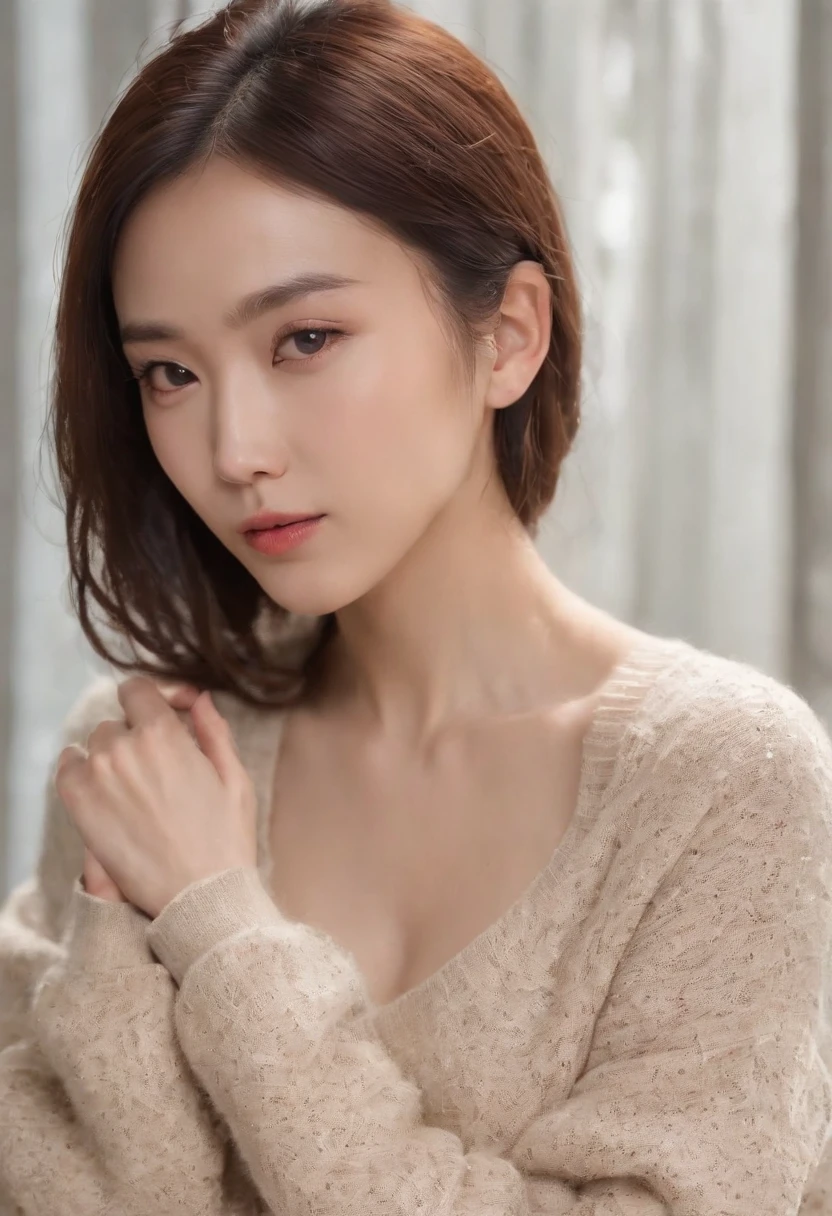 (best qualtiy,8k,32k,tmasterpiece,UHD:1.2),Photo of beautiful Chinese woman,c-cup breasts,Very short delicate hair,The upper part of the body,sface focus,oversized_sweater,simple backgound,from the above,looking at viewert,