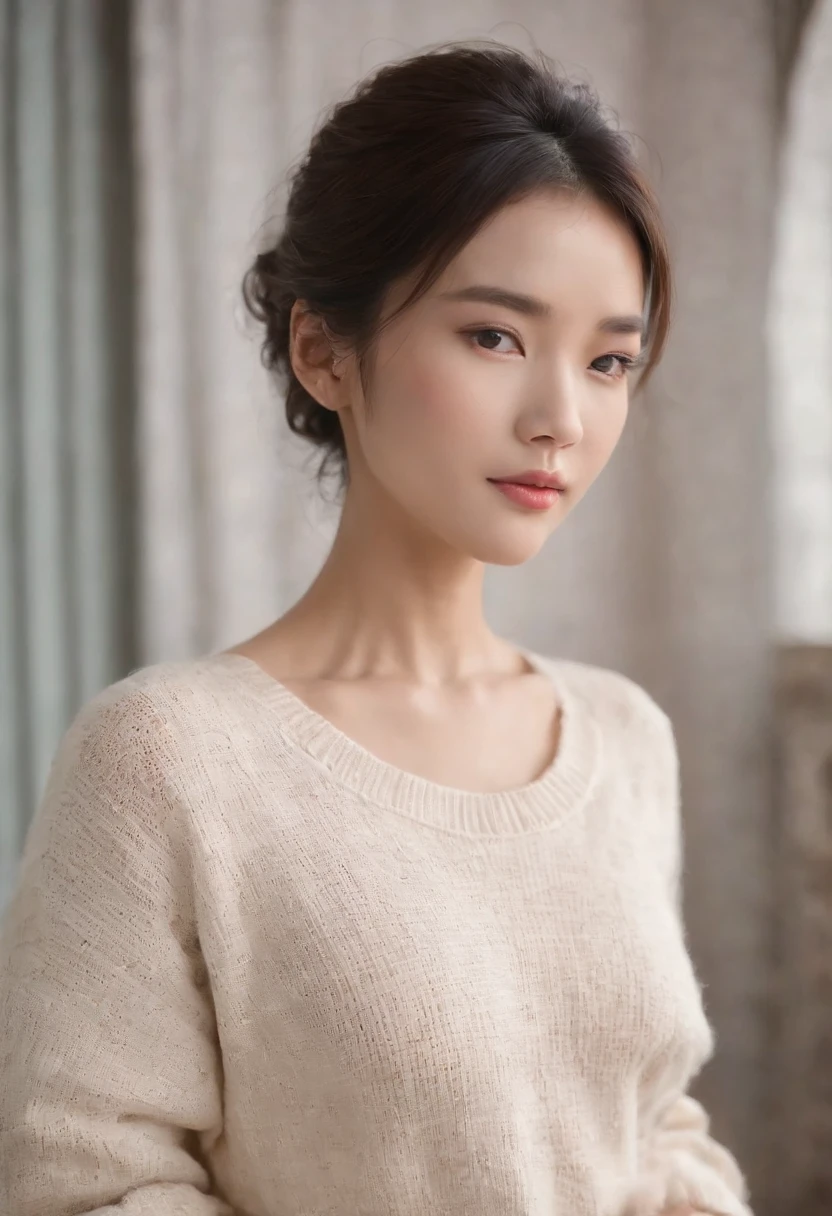 （best qualtiy，8k，32k，tmasterpiece，UHD：1.2），Photo of beautiful Chinese woman，c-cup breasts，Very short delicate hair，The upper part of the body，sface focus，oversized_sweater，simple backgound，from the above，looking at viewert，