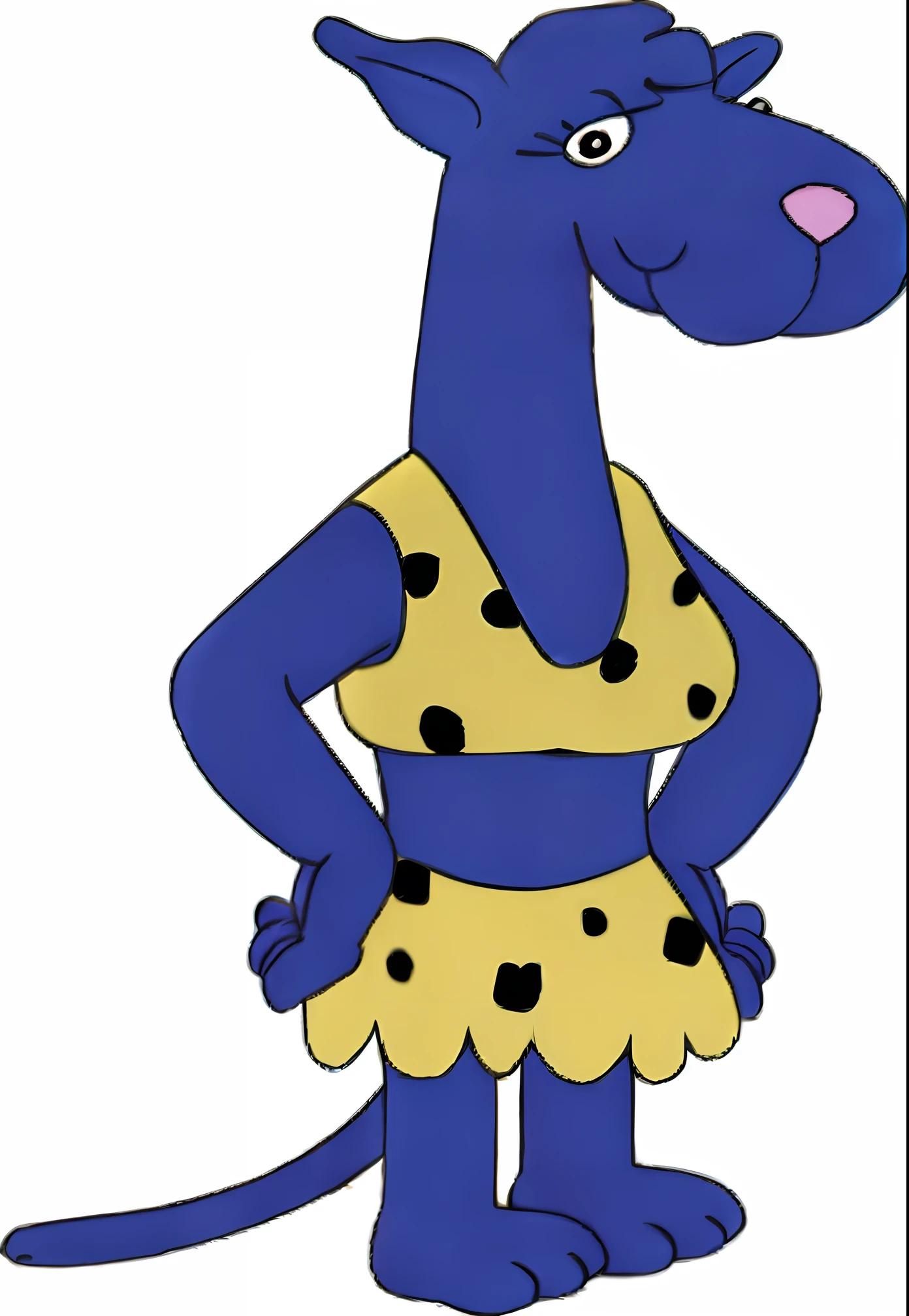 a cartoon of a blue dog in a yellow dress, absurdist wiggly blob in a dress, cartoon image, marge simpson, marge, blue dog, with blue skin, toon, leaked image, colored, 2d, 2 d, lumpy skin, anthropomorphic mare, merged character, blue colored, as a claymation character, jungle panther