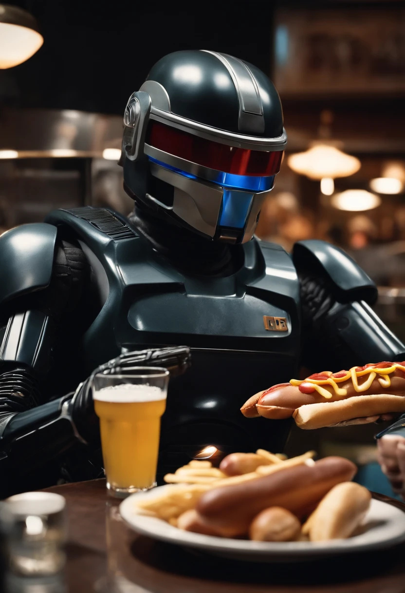 robocop comiendo un hot dog , tomando una cerveza , en el restoran " aca si que no se coge"