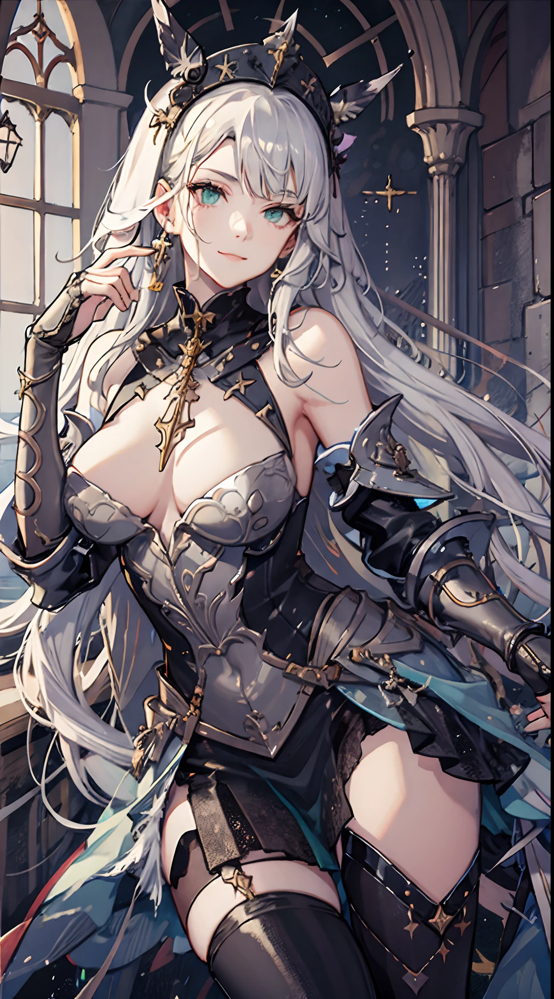 (Official art、Best Quality、Unity 8k Wallpapers、32K、masterpiece、ultra-detailliert、超A high resolution、realisitic、Photorealsitic、Very ridiculous:1.2)、(Cinematic lighting:1.2)、Fireglow effect、film grains、Best Shadows、Rim lighting、side lights、(Ultra-detailed and complex 3D rendering)、Detailed beautiful face and eyes、Sharp pupils、Realistic pupils、A slender、1Man Woman、Medium bust、(Full body:1.2)、 beauitful face、16-year-old beautiful girl、(super detailed skin、detailed skin textures:1.3)、(silver blond、Blue-silver hair:1.3)、Paladin、Longhaire、Blunt bangs、Green eyes、3 braids in 1 bunch、(Blue Armor、Blue Boots、Blue helmet、Jeweled、Gold embroidery)、A slender、Maxi skirt、(thighs thighs thighs thighs:0.8)、(chies、in a house、Artistic stained glass、Large pipe organ、crosses、Hello Point、Mystical、A lot of feathers float、angelicales、Particles of light、solemnity、Sunlight is、colourfull、Fantastical:1.2)、(Fantastical:1.3)、(Holding the Holy Sword:1.4)、Fantastical、Gentle smile