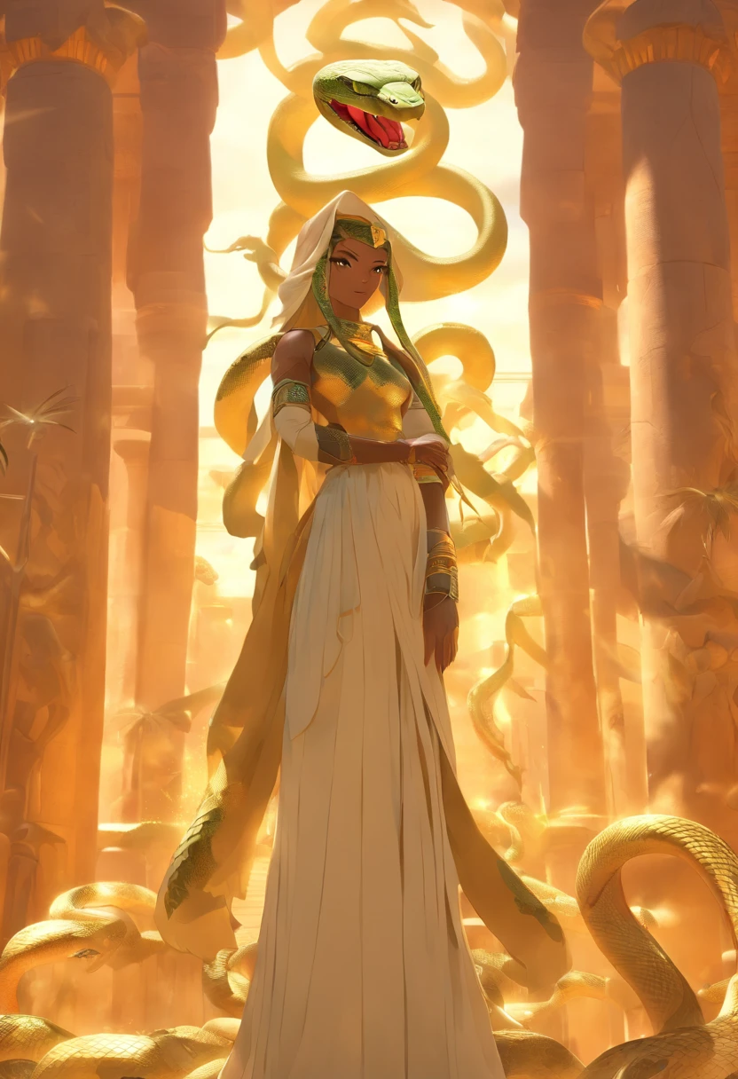 (((Human body and snake head))) best quality, very high resolution, 4K detailed CG, masterpiece, Egyptian mythology, Renenutet,Woman, sun in the background, Ancient Egypt, standing pose, snake head , white clothes, Egyptian clothes , Egyptian temple, desert, Ancient Egypt, ((serpent head)), Egyptian palace, aesthetics, beautiful image, centered on screen, standing pose