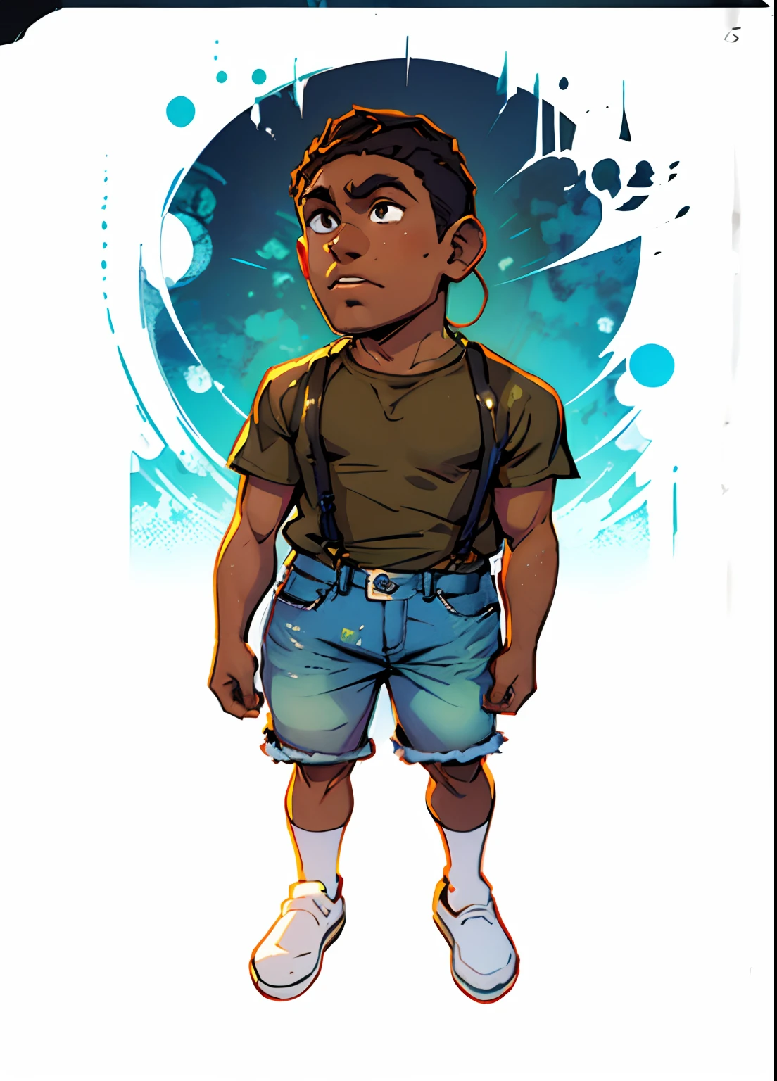 character, homem com shorts jeans, camisa amrela e suspensorio preto.