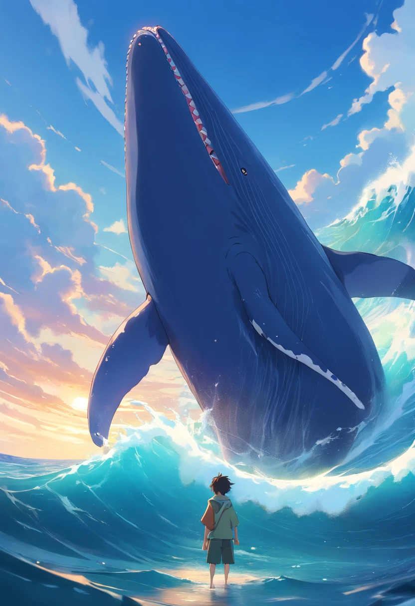Image of a rough sea, with a huge whale, the whale had its mouth open, Illustrate the scene in which a huge whale swallowed Jonah, Male biblical character, called Jonah, around 30 years old, with a tunic, brown hair , brown beard, with an expression of fear, scared, sad hyper-realistic style, 8K , Ultra HD, Pixar, Disney Style, Cinema 4d